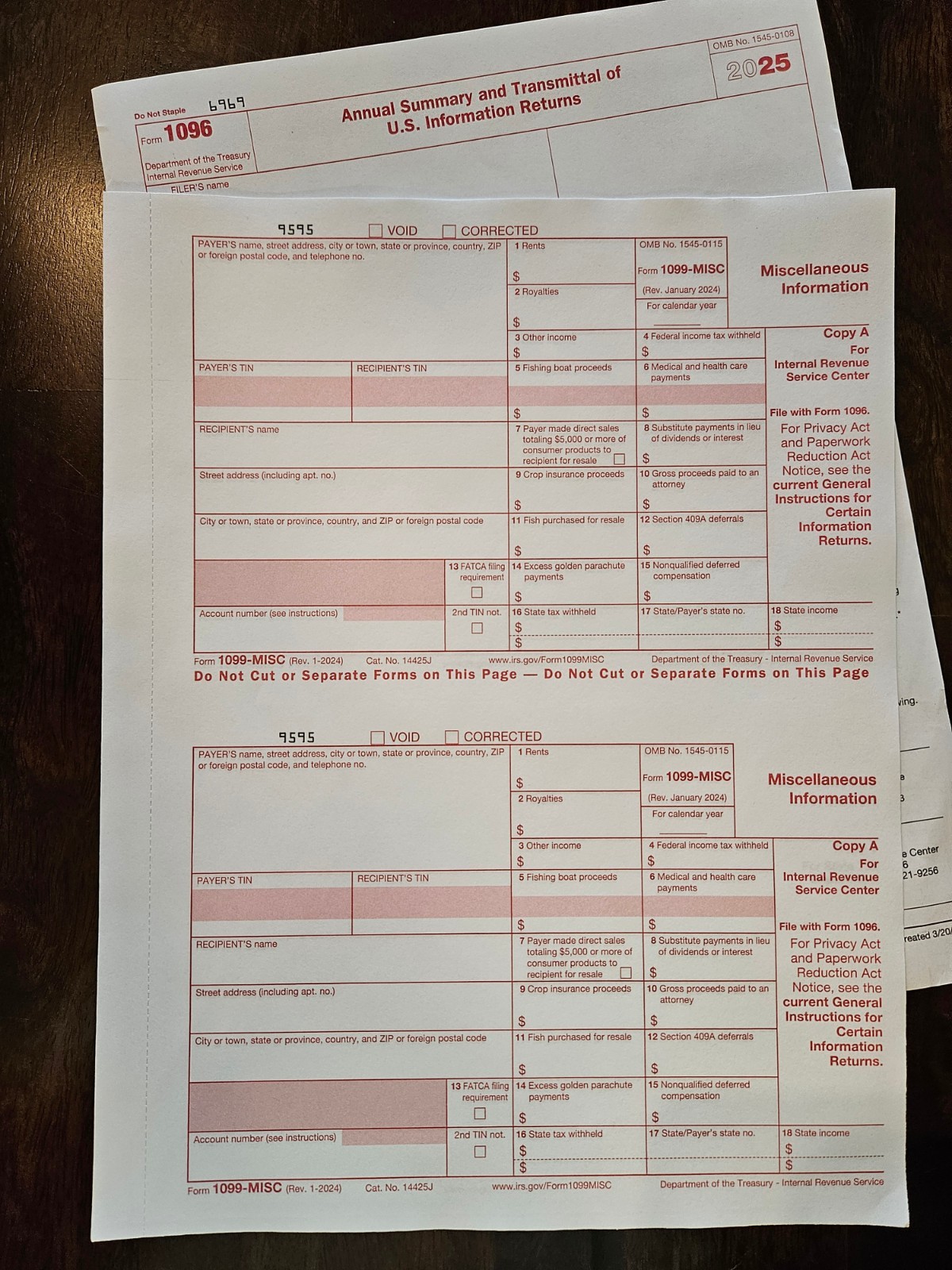 2025 IRS Tax Form Package-Four 1099-MISC (LASER), 1 Form 1096 and 4 envelopes