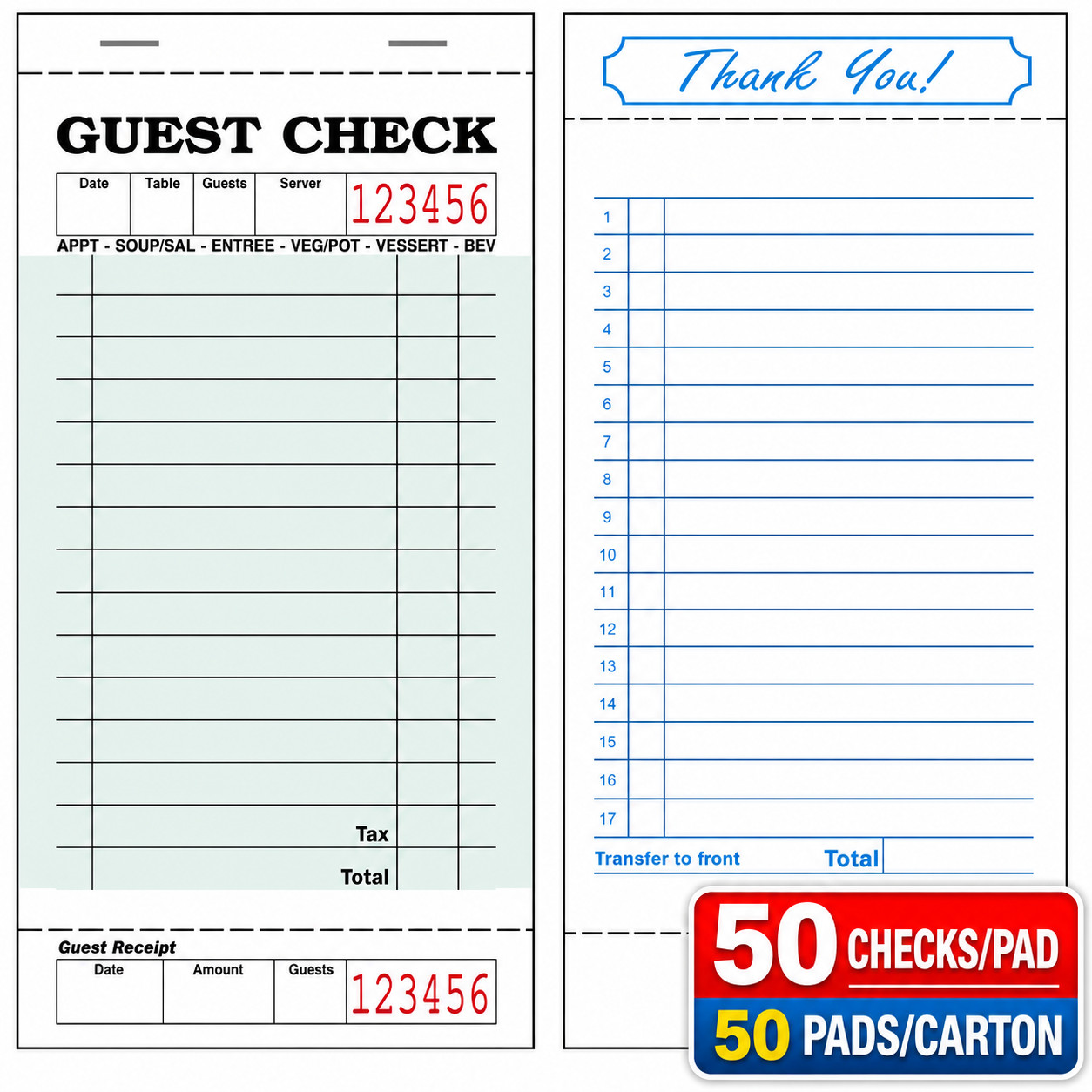 Guest Checks 3-3/8″ x 6-3/4″ 1-Pt Bond Green 16 Lines 50 Checks/Book – 50 Books