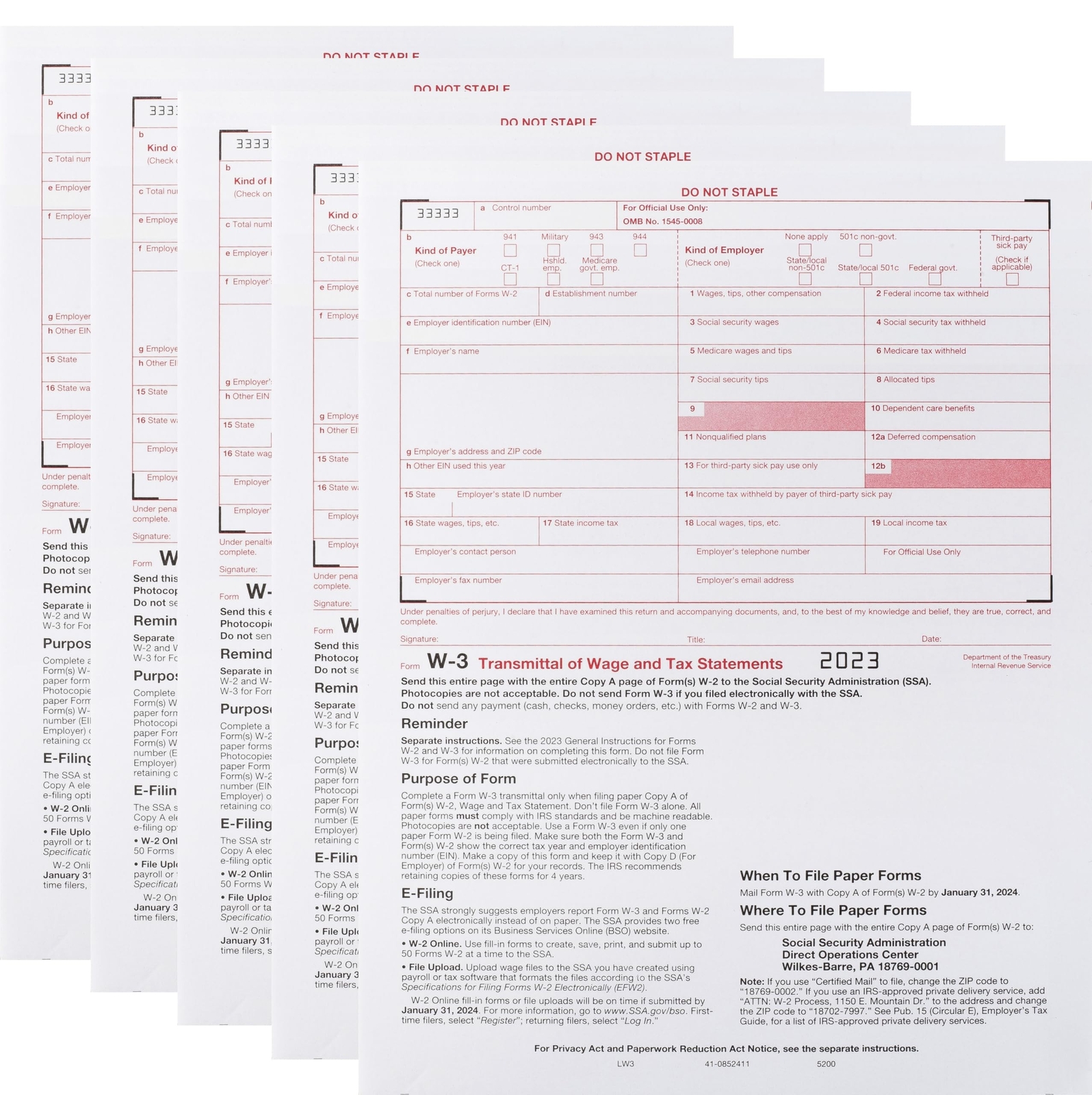 W-3 Tax Transmittal Form 2023 Pack of 10 Laser Forms Summary for Transmittal …