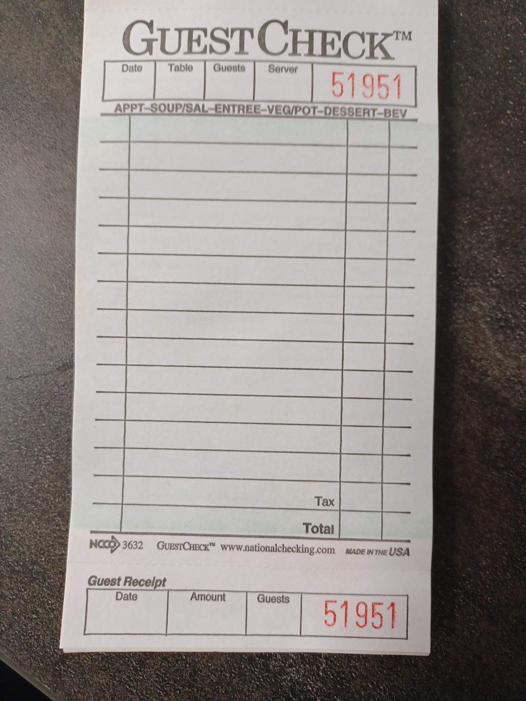 1-Part Guest Check Books w/stubs 3 3/8 x 7, 10 Pads, 500 total checks