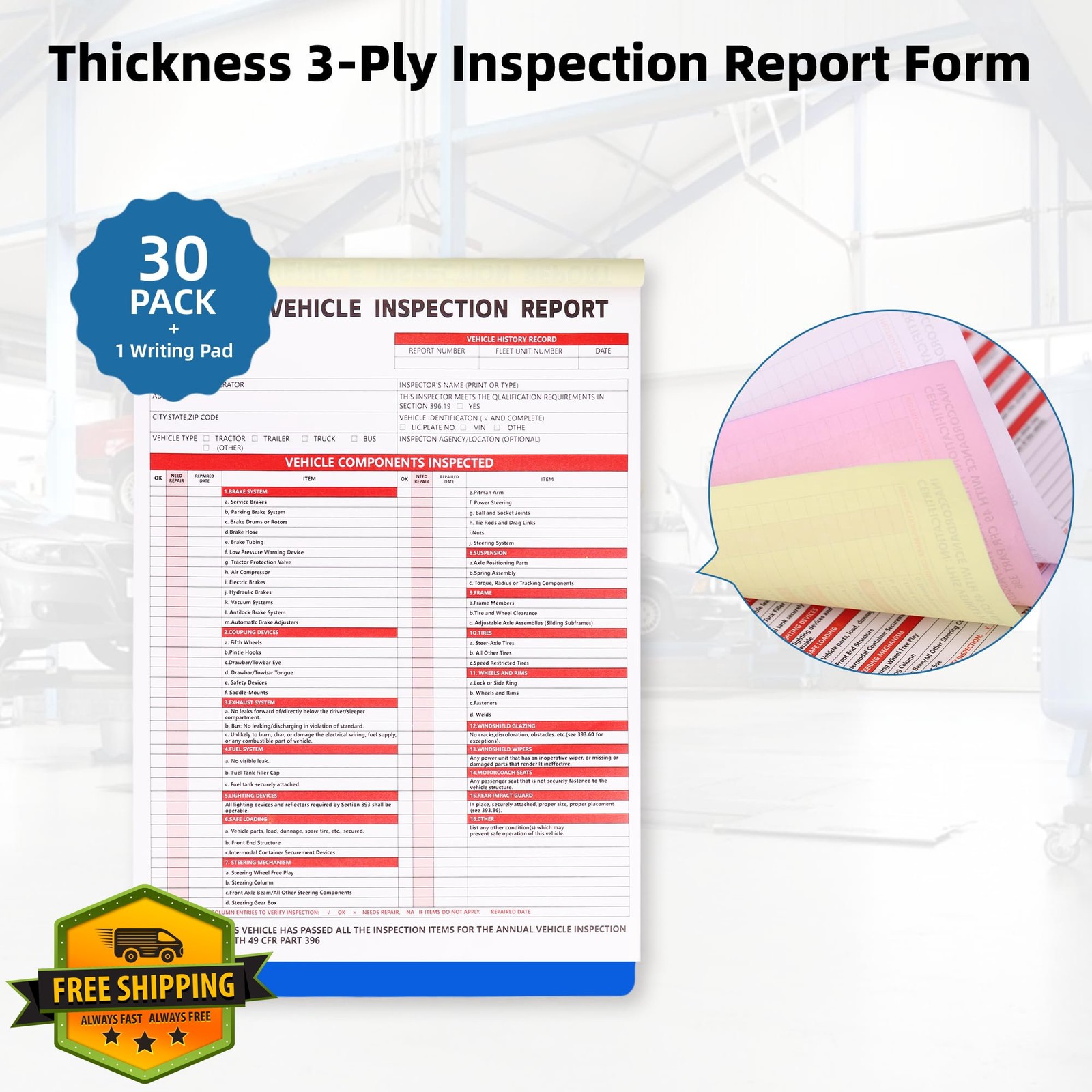 30 Vehicle Inspection Report Forms, 3-Ply Carbonless, DOT Stickers