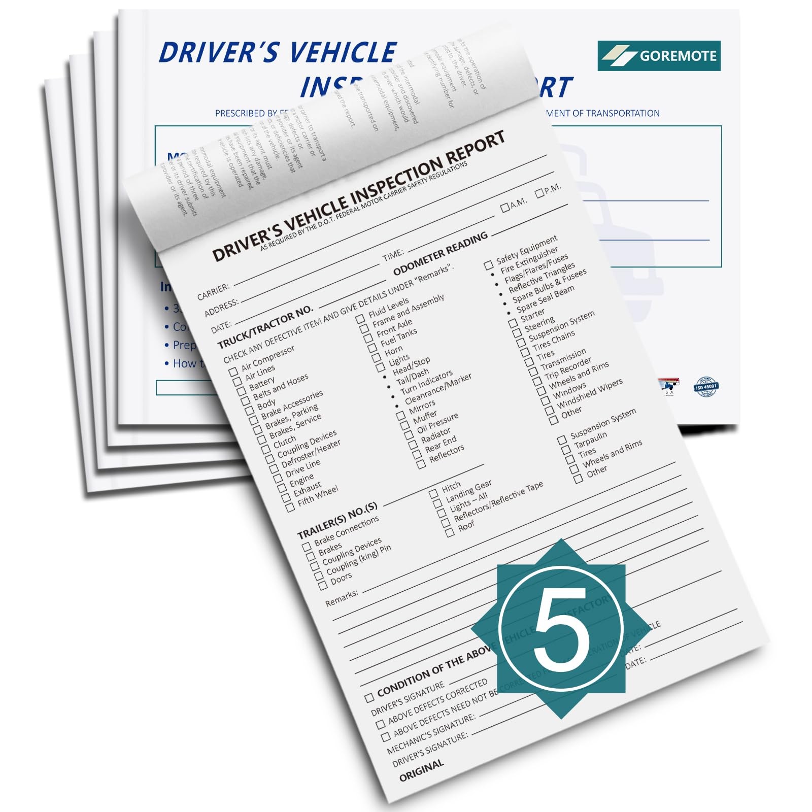 Detailed Driver’s Vehicle Inspection Report, 5 Pack, Daily Pre Trip Inspectio…
