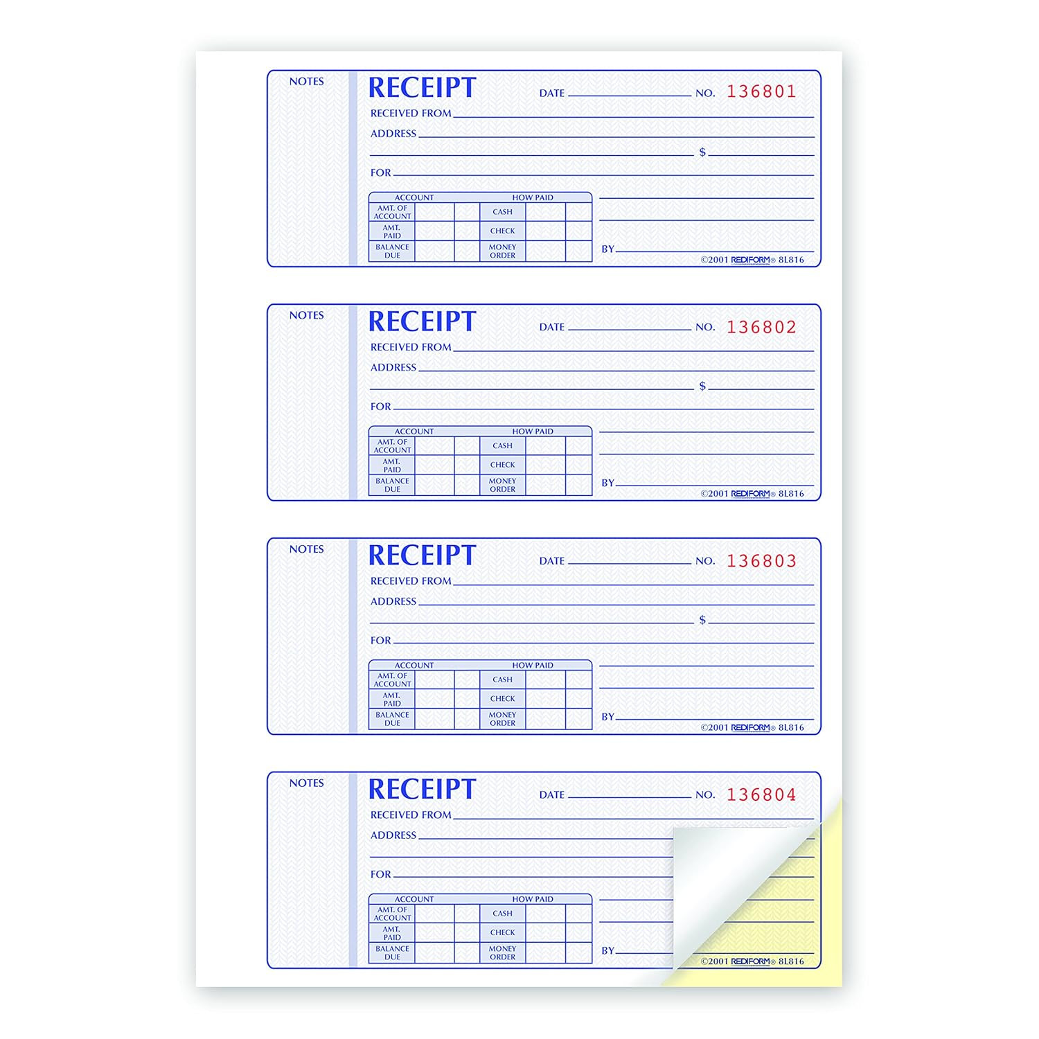 Rediform® Money Receipt Book, Carbonless, 400 Numbered Duplicates, 4/Page, 11″ X