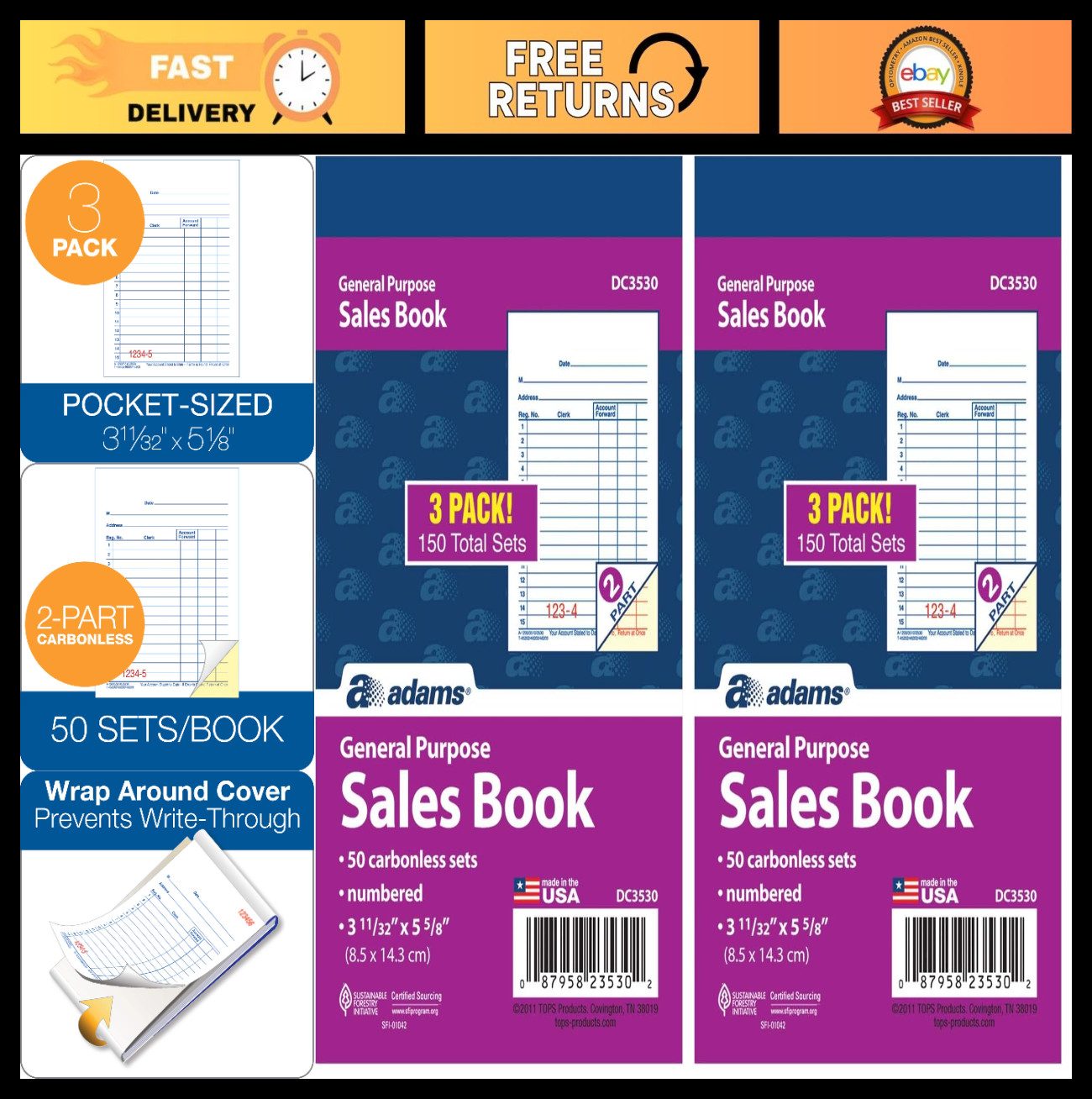 Carbonless Sales Book, 2-Part, White/Canary, 50 Sets per Book, 3-Pack, 3-11/32″x