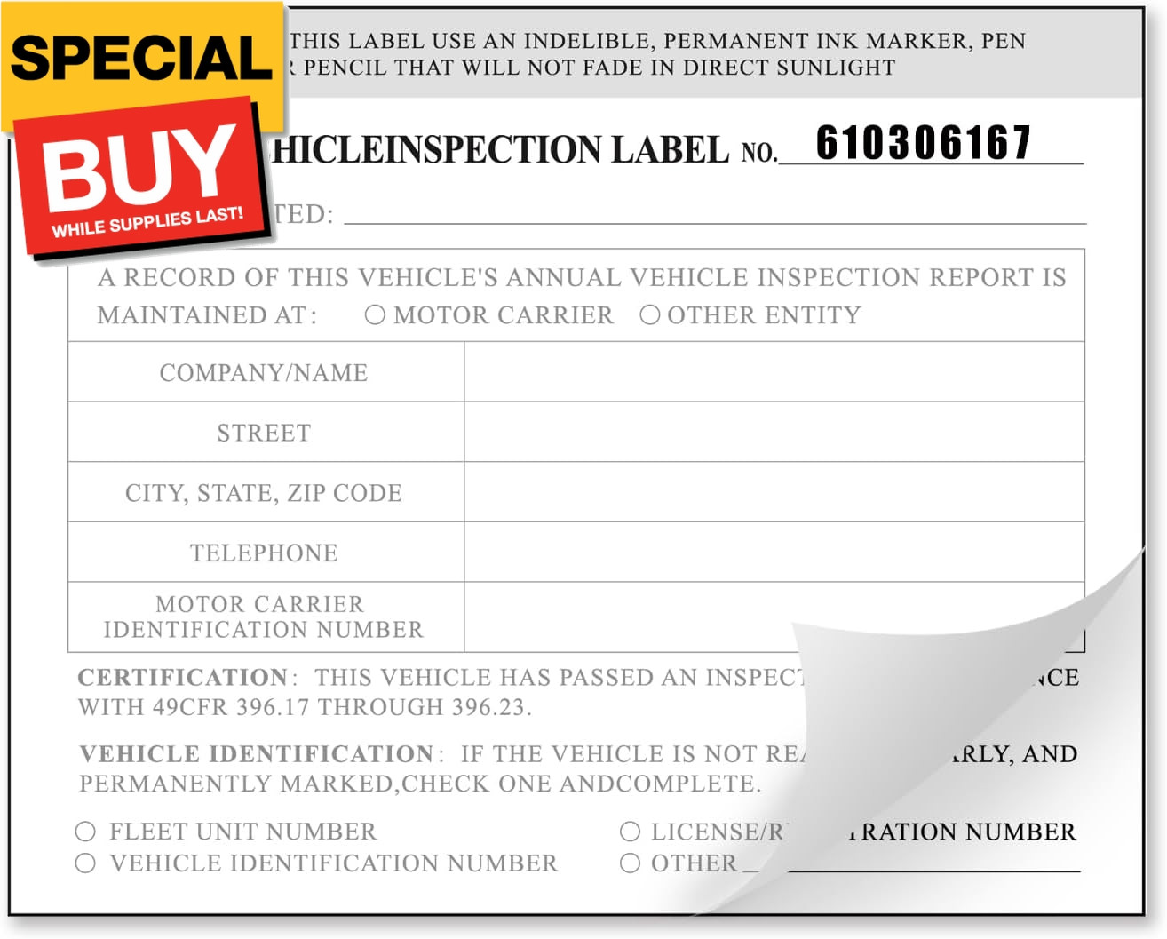 Annual Vehicle Inspection Report Form 25-pk 3-Ply Carbonless, 8.5″ x 11.75″ + 2-