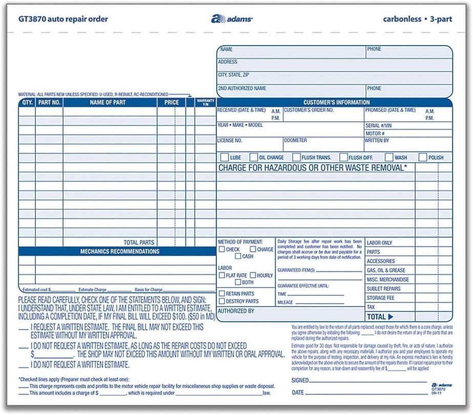 Adams Auto Repair Order Forms, 8.5 X 7.44, 3-Part, Carbonless, 50-Pack (GT3870)
