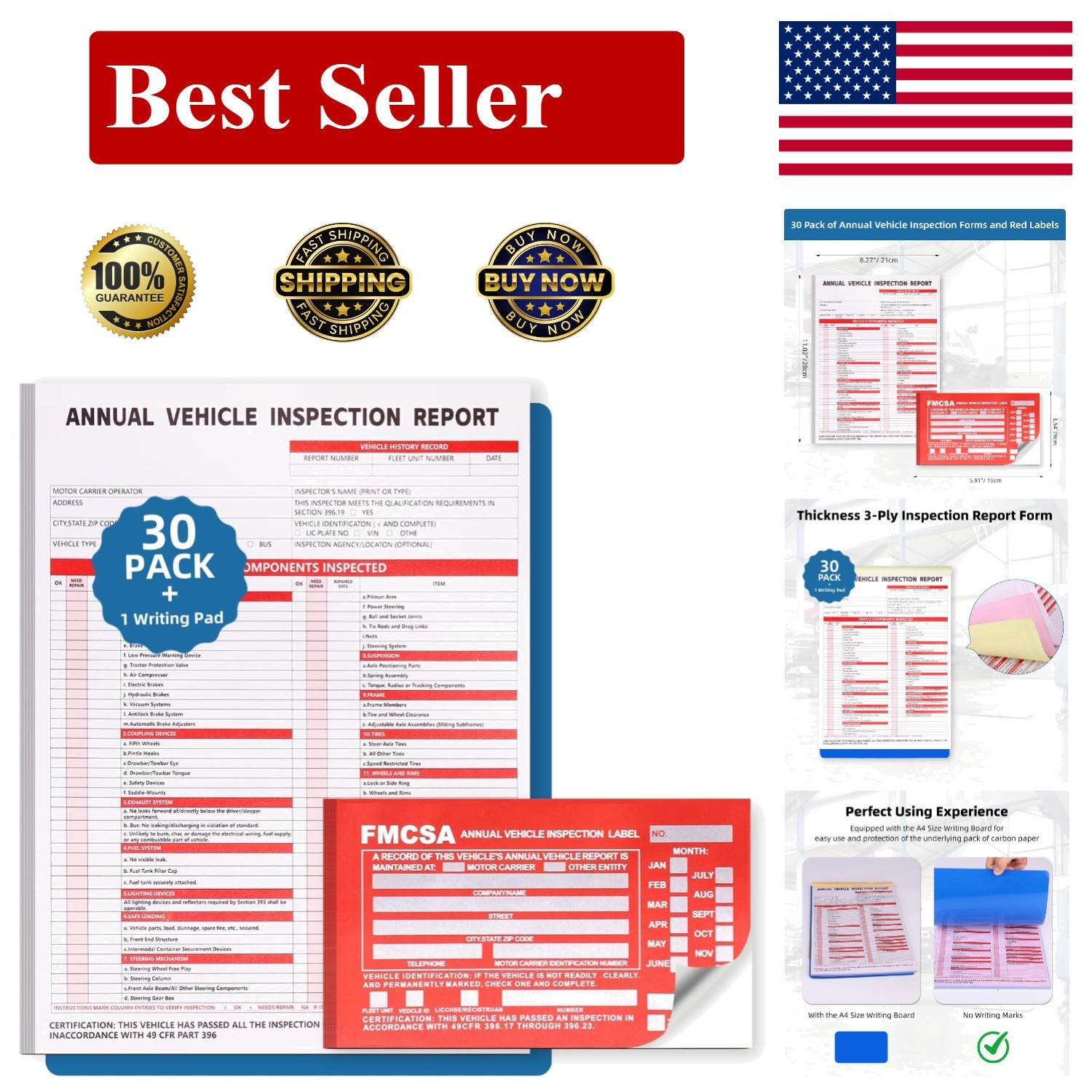 30 Pack Vehicle Inspection Report Forms 3 Ply DOT FMCSA Stickers