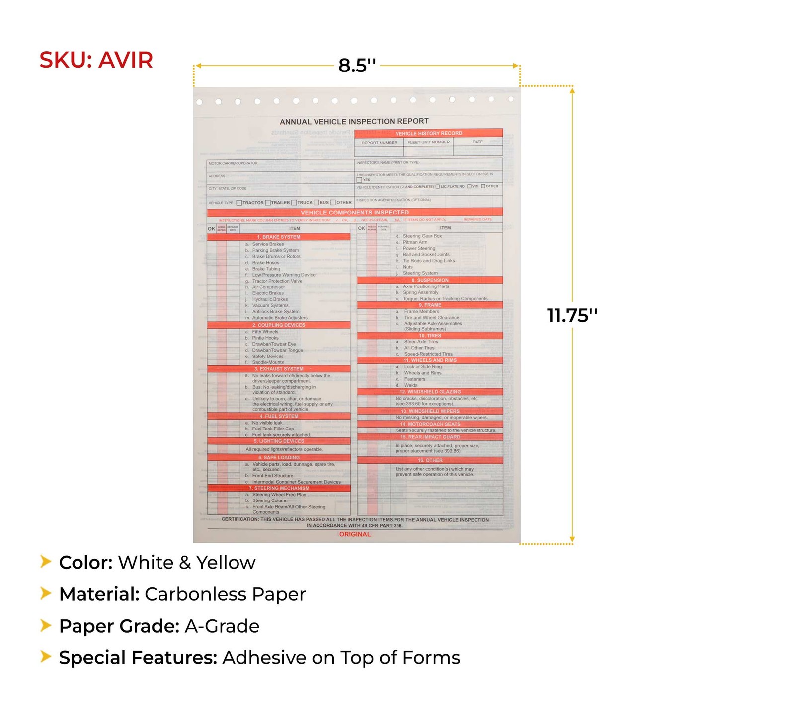 8.5″x11.75″ Annual Vehicle Inspection Report Form DOT Compliant 20Pcs