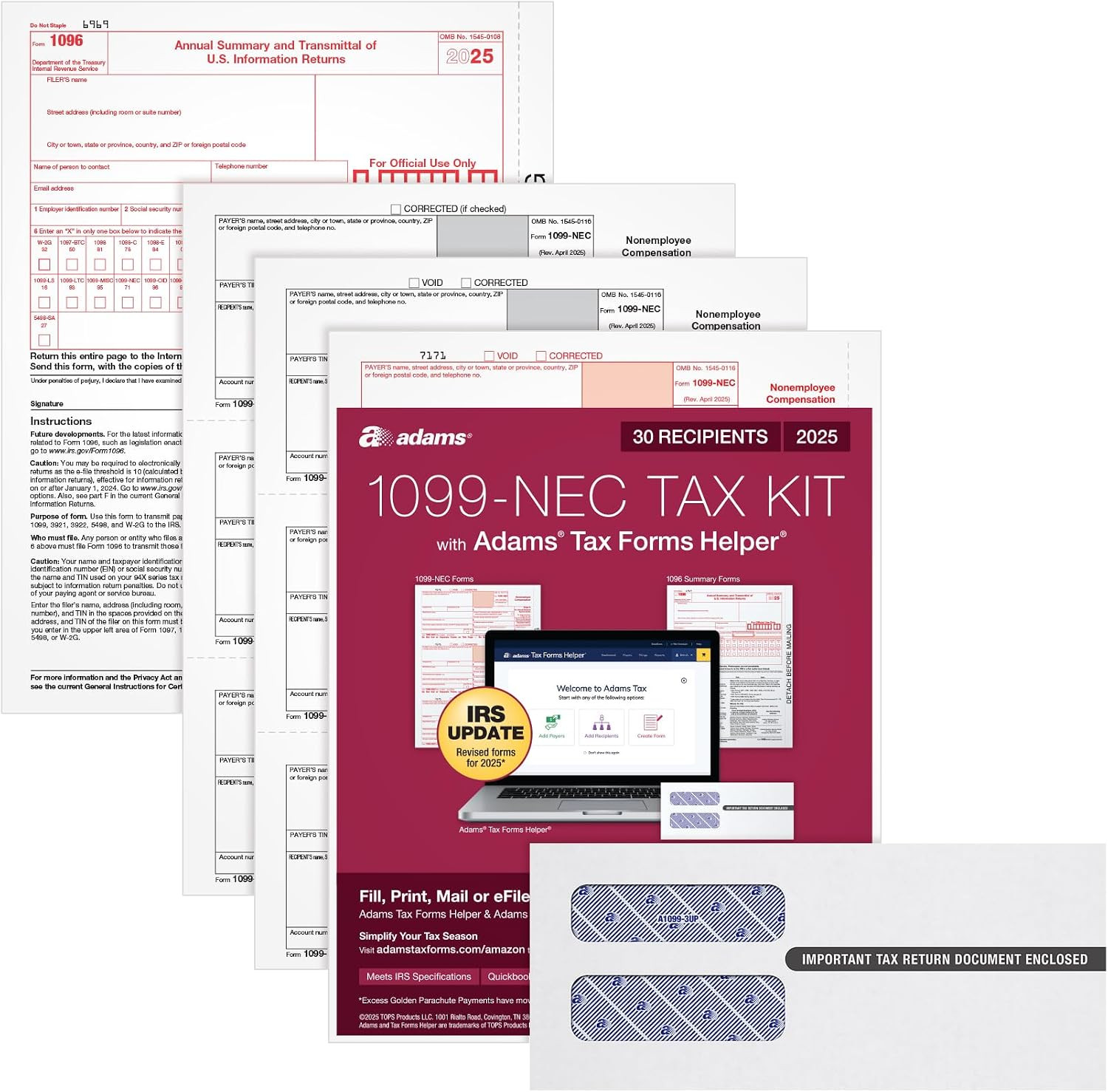 1099 NEC Forms 2025, 3-Part Kit for 30 Recipients, Includes 30 Envelopes