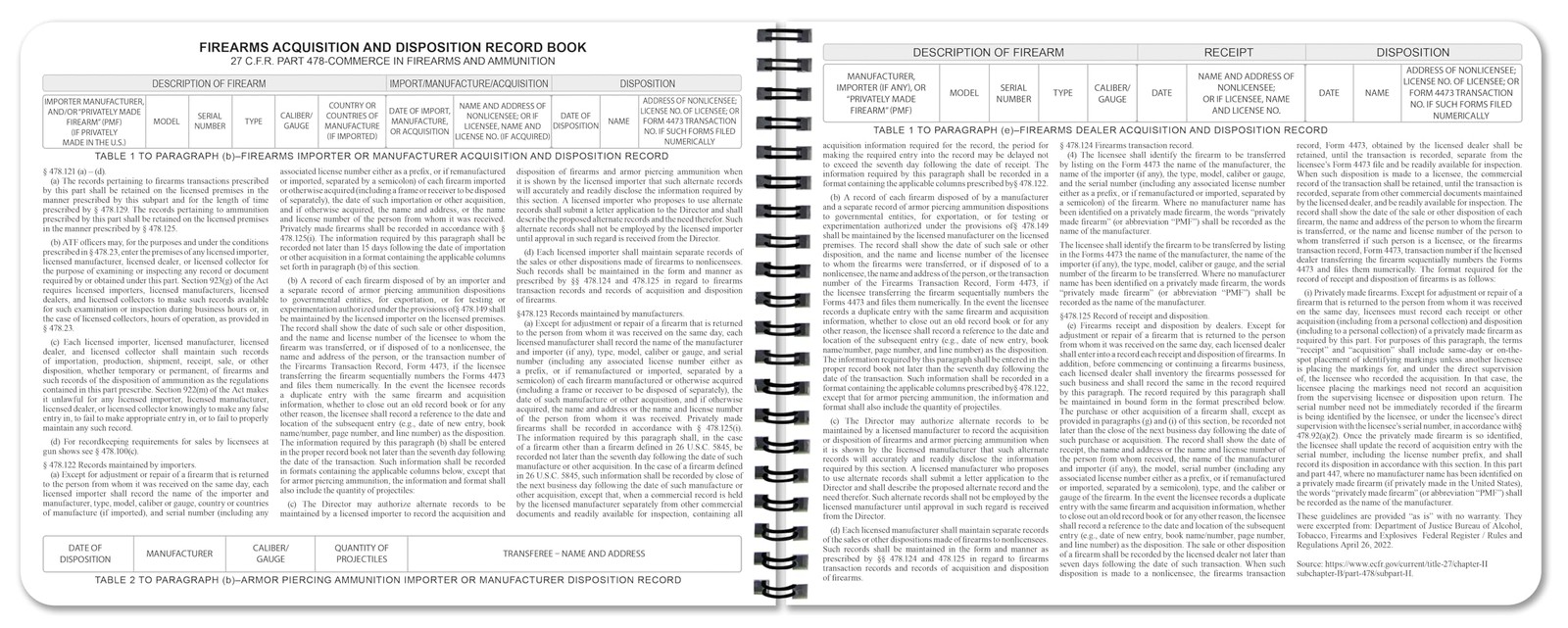 BookFactory FFL Acquisition & Disposition Gun Log Book, Wire-O, 100 100 pages