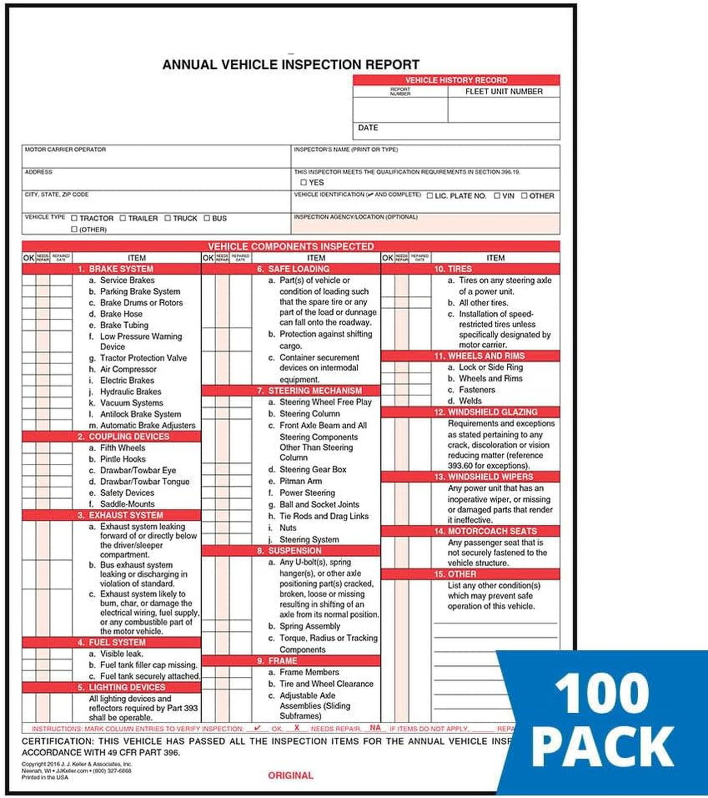 Vehicle Inspection Report Form 3-Ply Carbon Snap-Out DOT Compliant 8.5×11 100