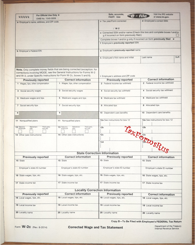 Official IRS Tax Form W-2c Corrected Wage/Tax Stmt, single sheet for 1 employee