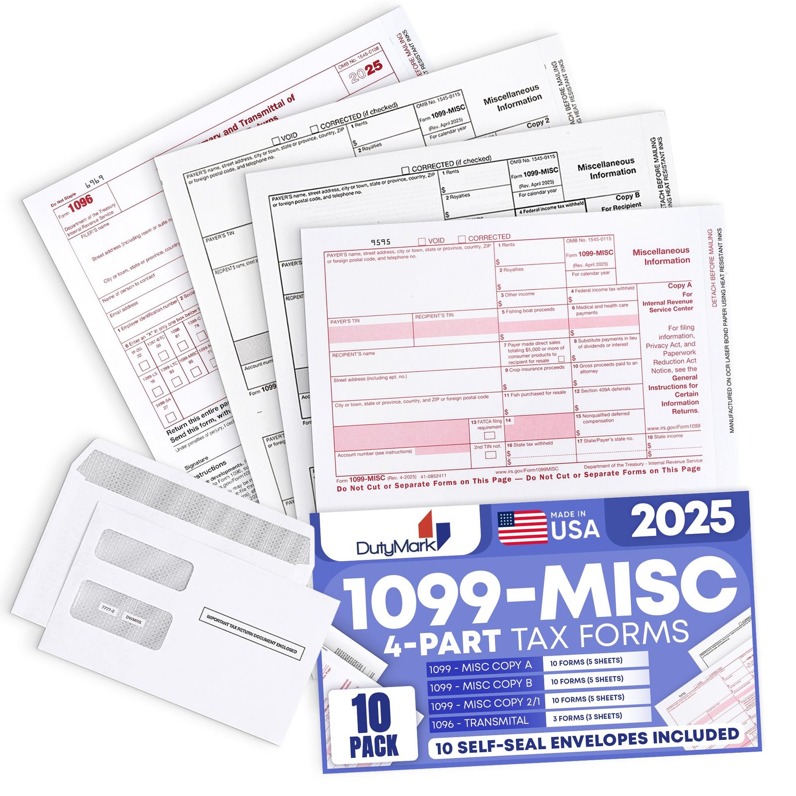 DuryMark 1099 Misc Tax Forms 2025 with Envelopes, 10 Vendor 10 With Envelopes