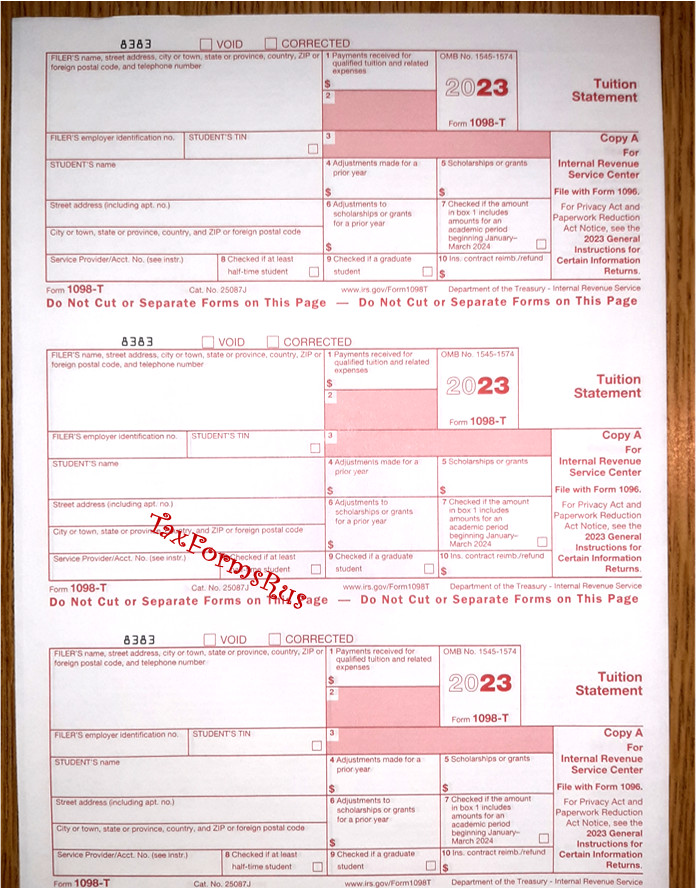 2023 IRS Tax Form 1098-T single sheet set for 3 students, NONcarbonless 3pt, 3up
