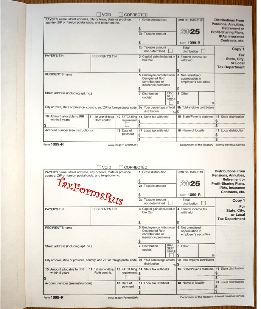 2025 IRS Tax Form 1099-R single sheet set for 2 recipients NONcarbonless 5pt 2up