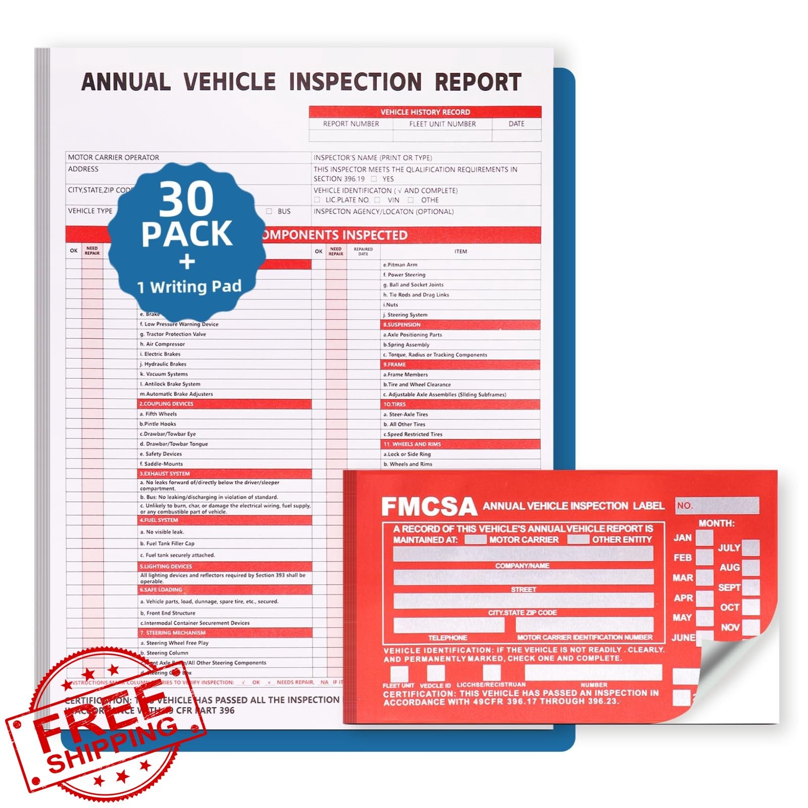 30 Vehicle Inspection Report Forms, 3-Ply Carbonless, DOT Stickers