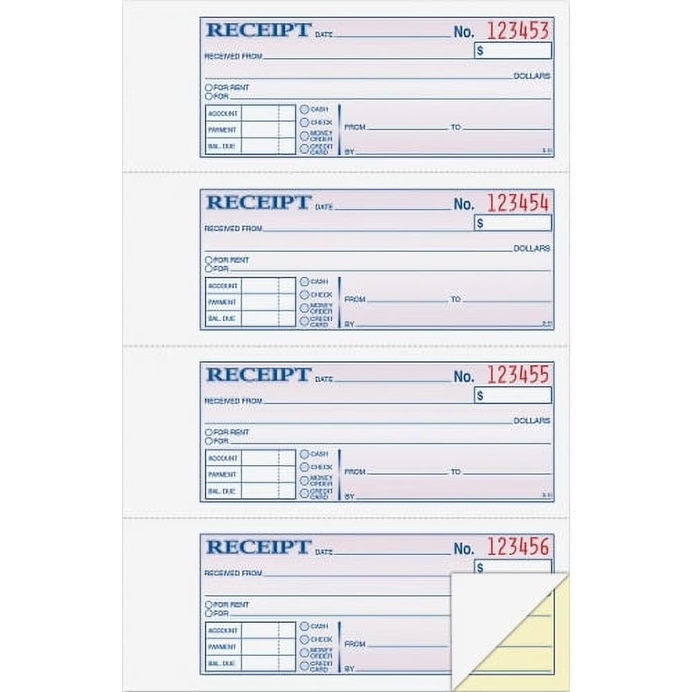 Money/ Rent Receipt Book, 2-Part, Carbonless, 4 per Page, 200 Set