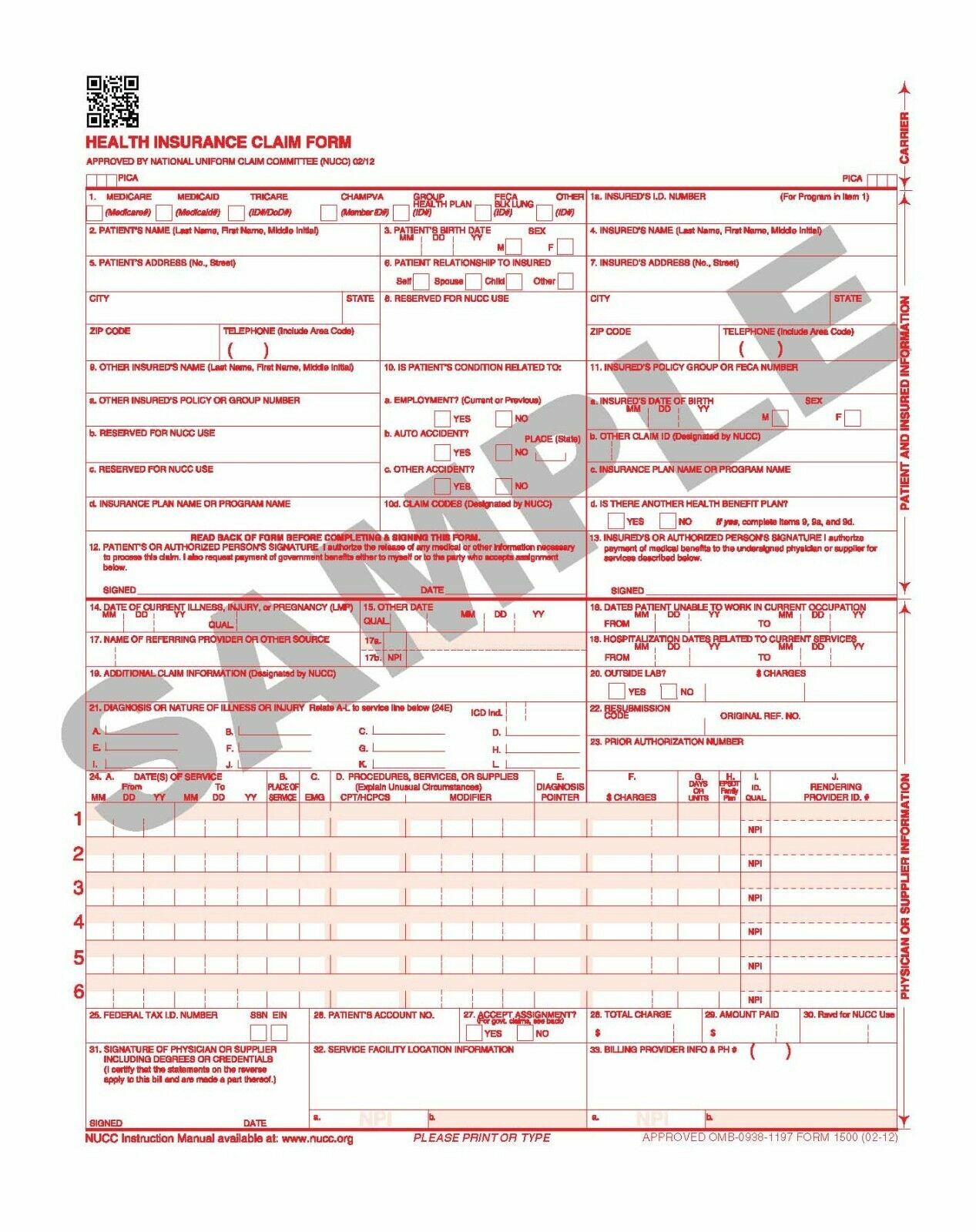 HCFA CMS-2500 (02-12) 2500 SHEETS LASER INSURANCE HCFA CLAIM FORMS
