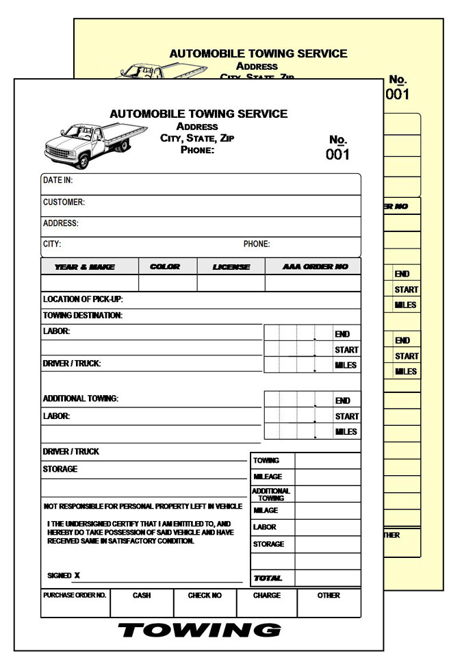 200 AUTOMOBILE TOWING SERVICE – NUMBERED 2 PART CARBONLESS