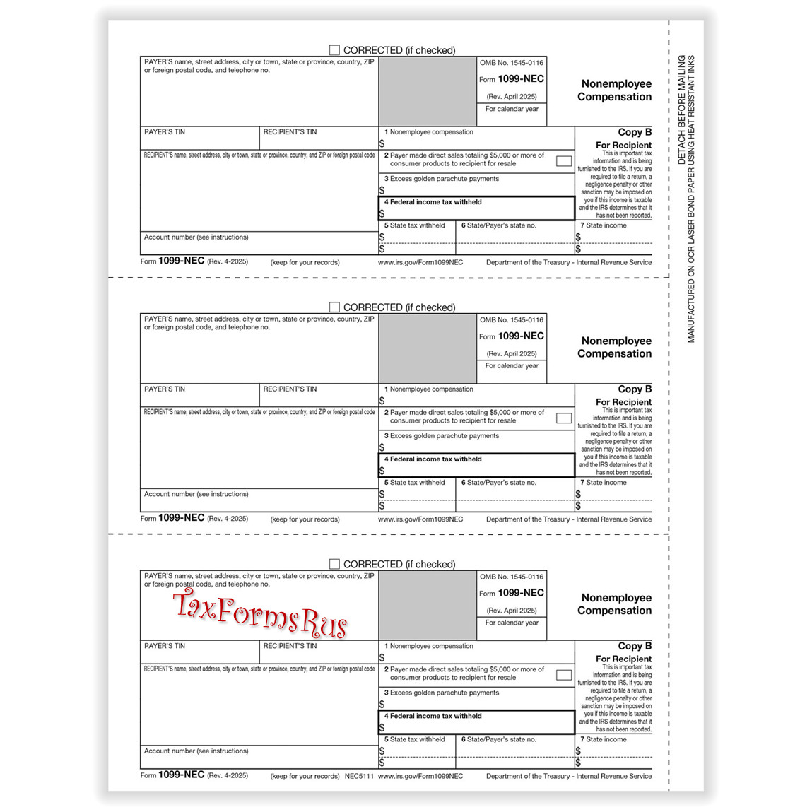2025 IRS TAX FORMS KIT: 1099-NEC 6 recipients +envelopes + (1)1096 LASER 4pt 3UP