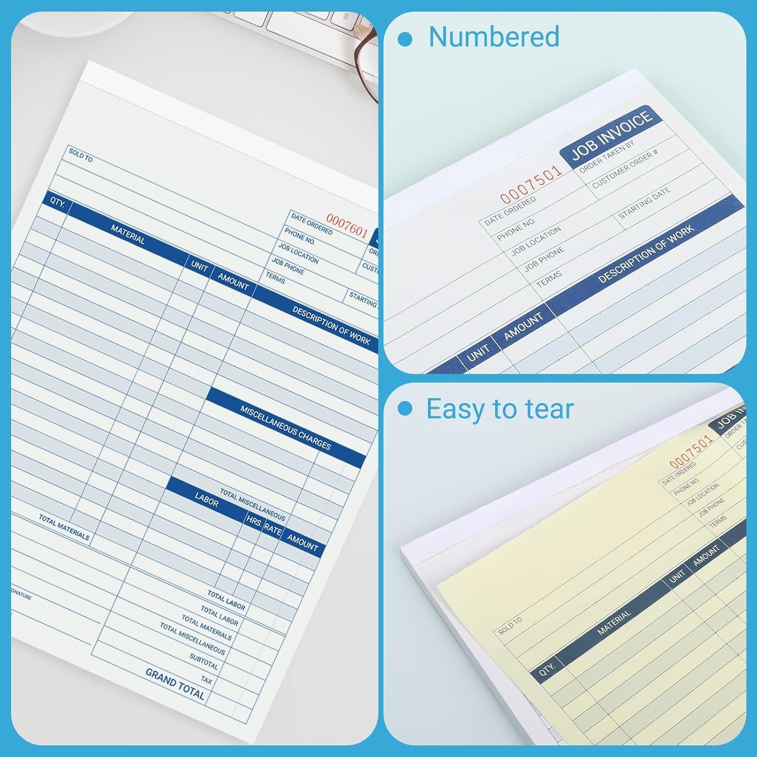 50 Sets Job Invoice Forms, 2 Part Carbonless, 8.5X11 Inch Work Order Forms for S