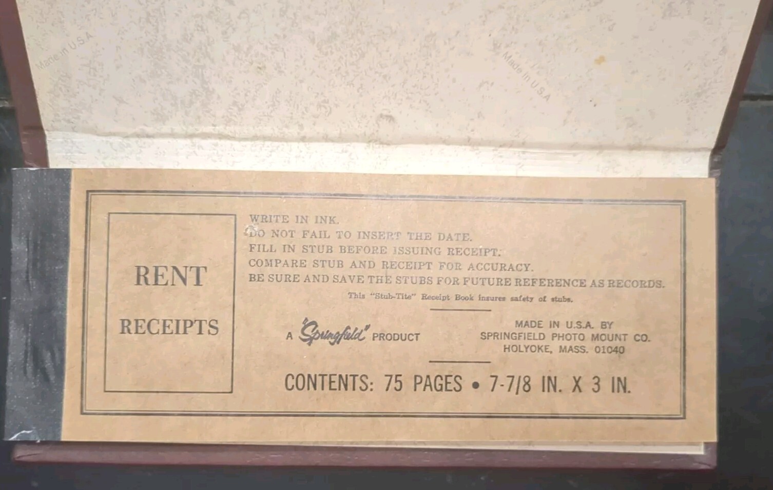 Springfield Rent Receipt Hardcover Vintage 1980’s Receipt Booklet