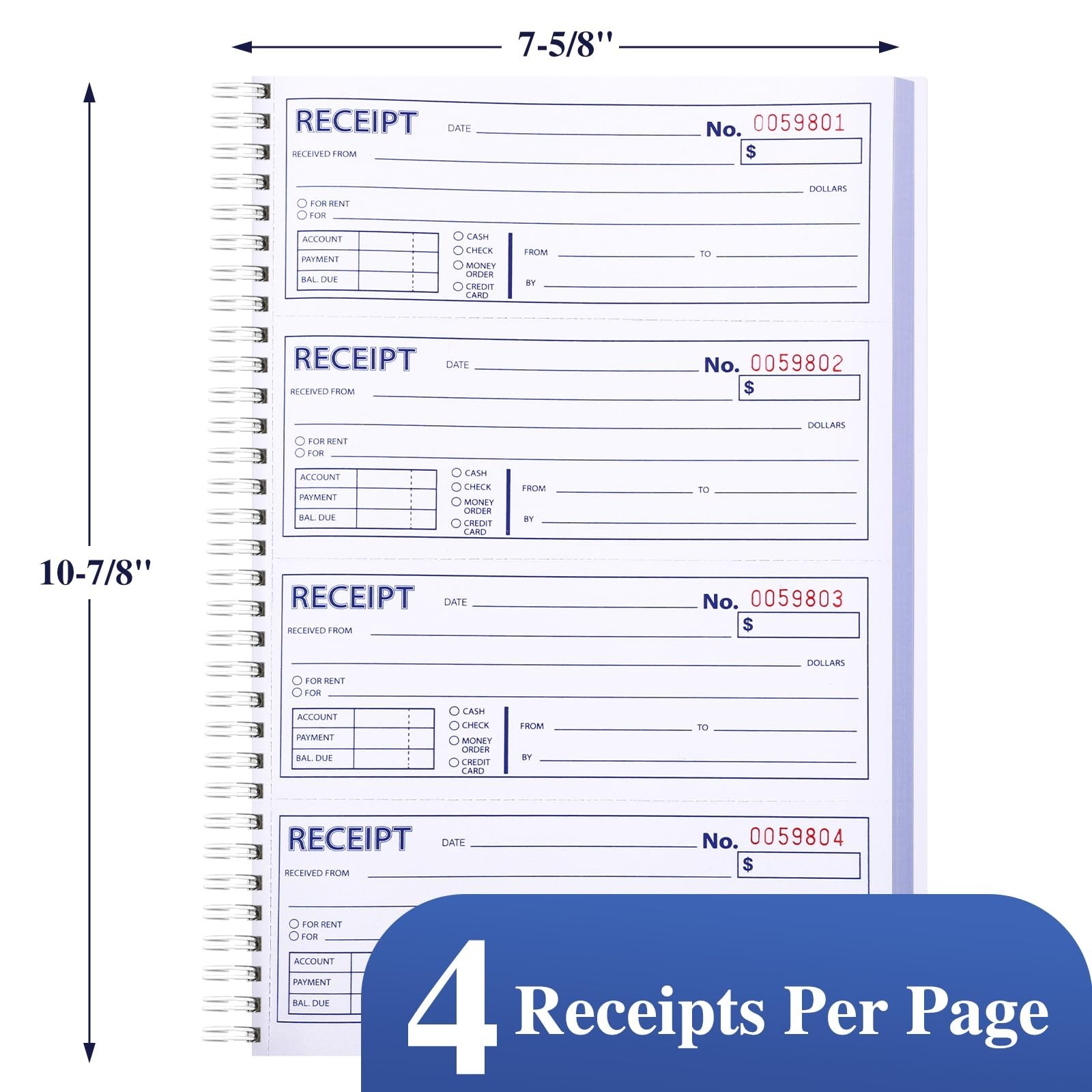 3 Pack Carbonless Receipt Books, 2-Part Rent Receipts, Spiral Bound, 200 Sets