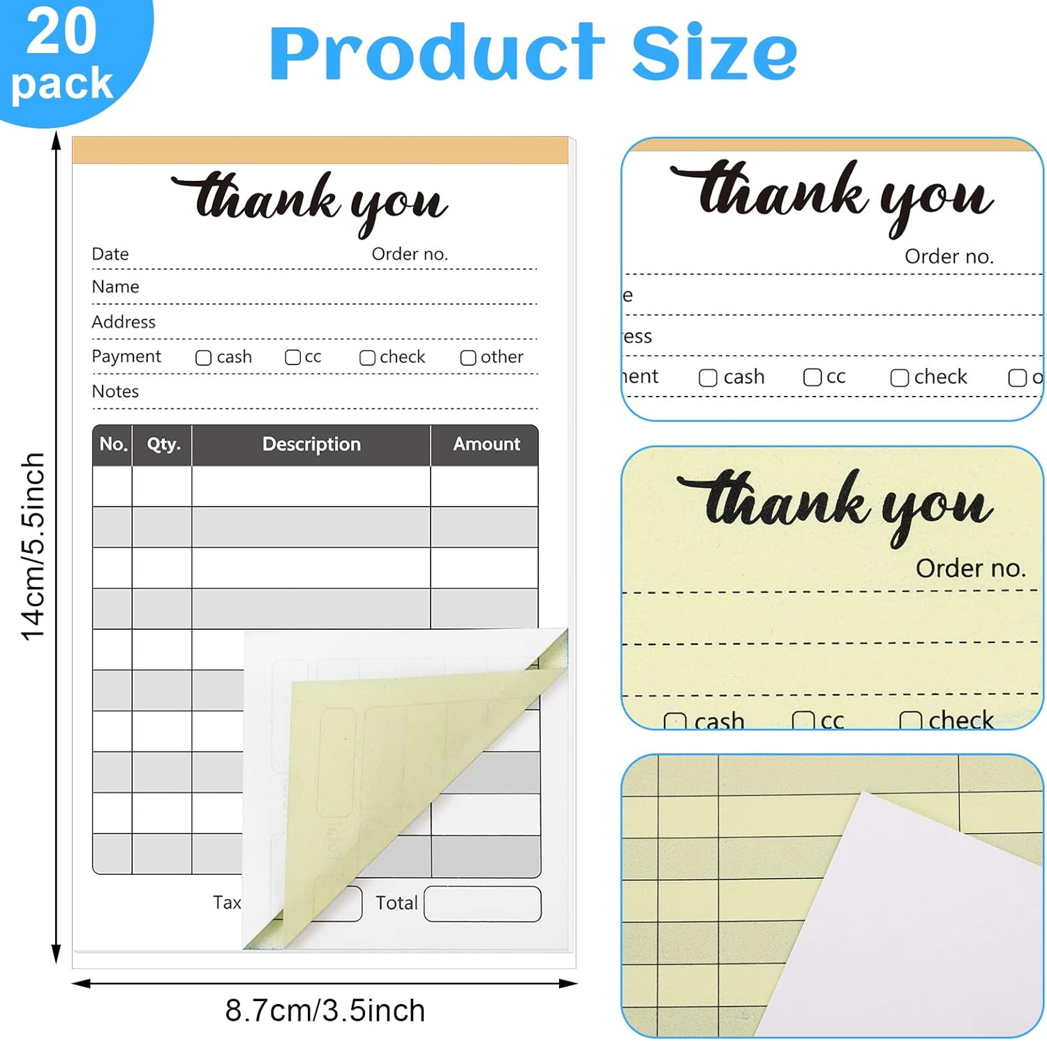 20 Pack Thank You Receipt Book, 2 Part Carbonless Sales Invoice Book, 3.5 X 5.5