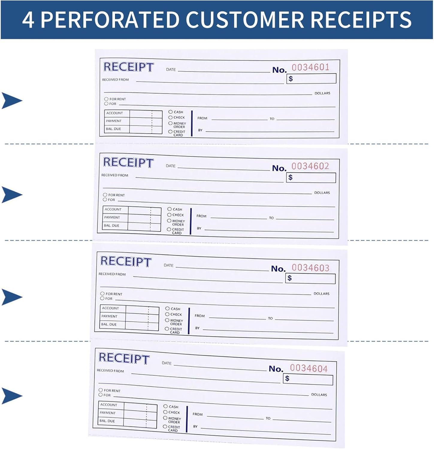 6 Pack Large Money and Rent Receipt Books with Cardboard Insert,7-5/8″ X