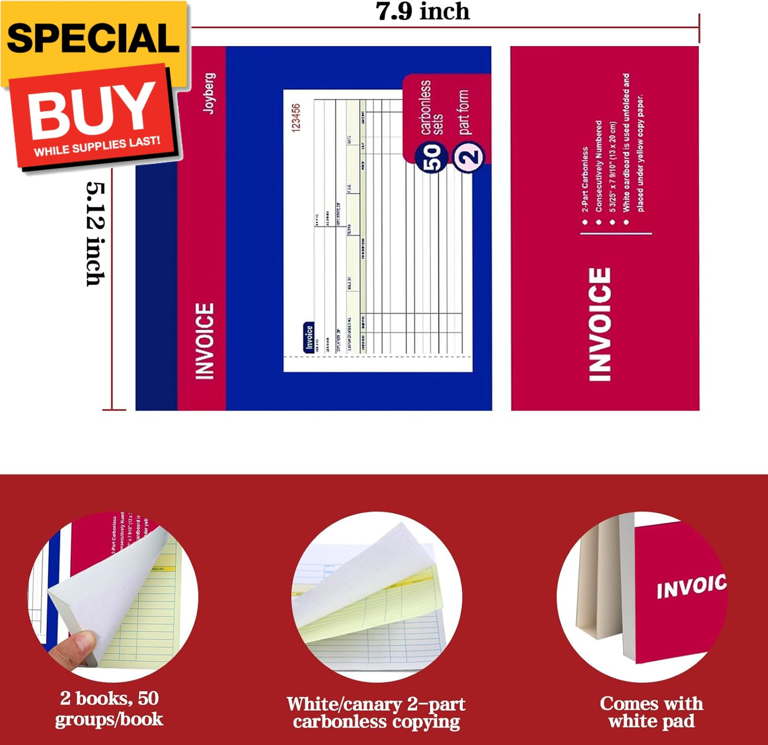 2 Packs Invoice Book for Small Business 2-Part Carbonless, 5-1/8”x7-29/32” Recei