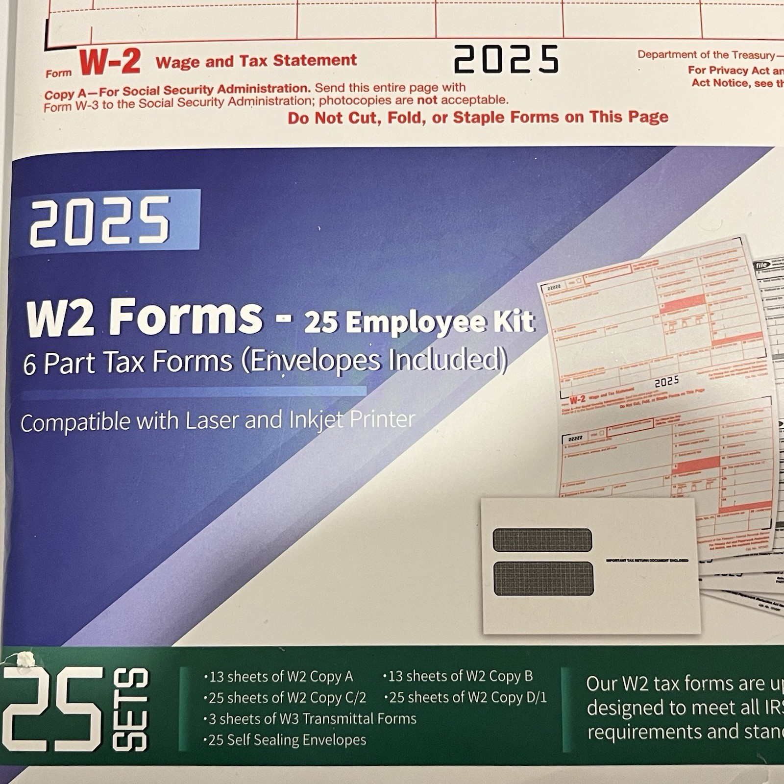 2025 W2 Tax Forms Kit with Envelopes – 25 Employee Set with W3 Forms