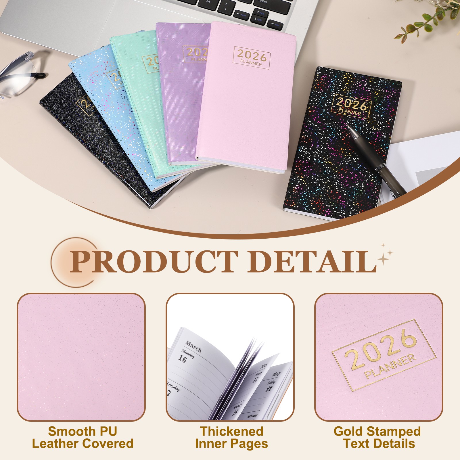 Daily Planner Notebook, 6.8 x 3.8″ 2026 to Do List Notebook, Star Pink