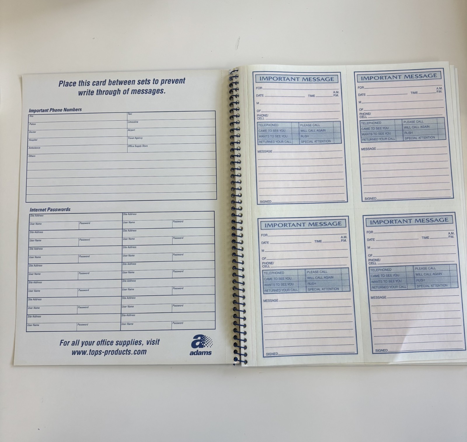 Adams Important Message Book SC1184D 200 Sets Carbonless 2-Part Spiral Bound
