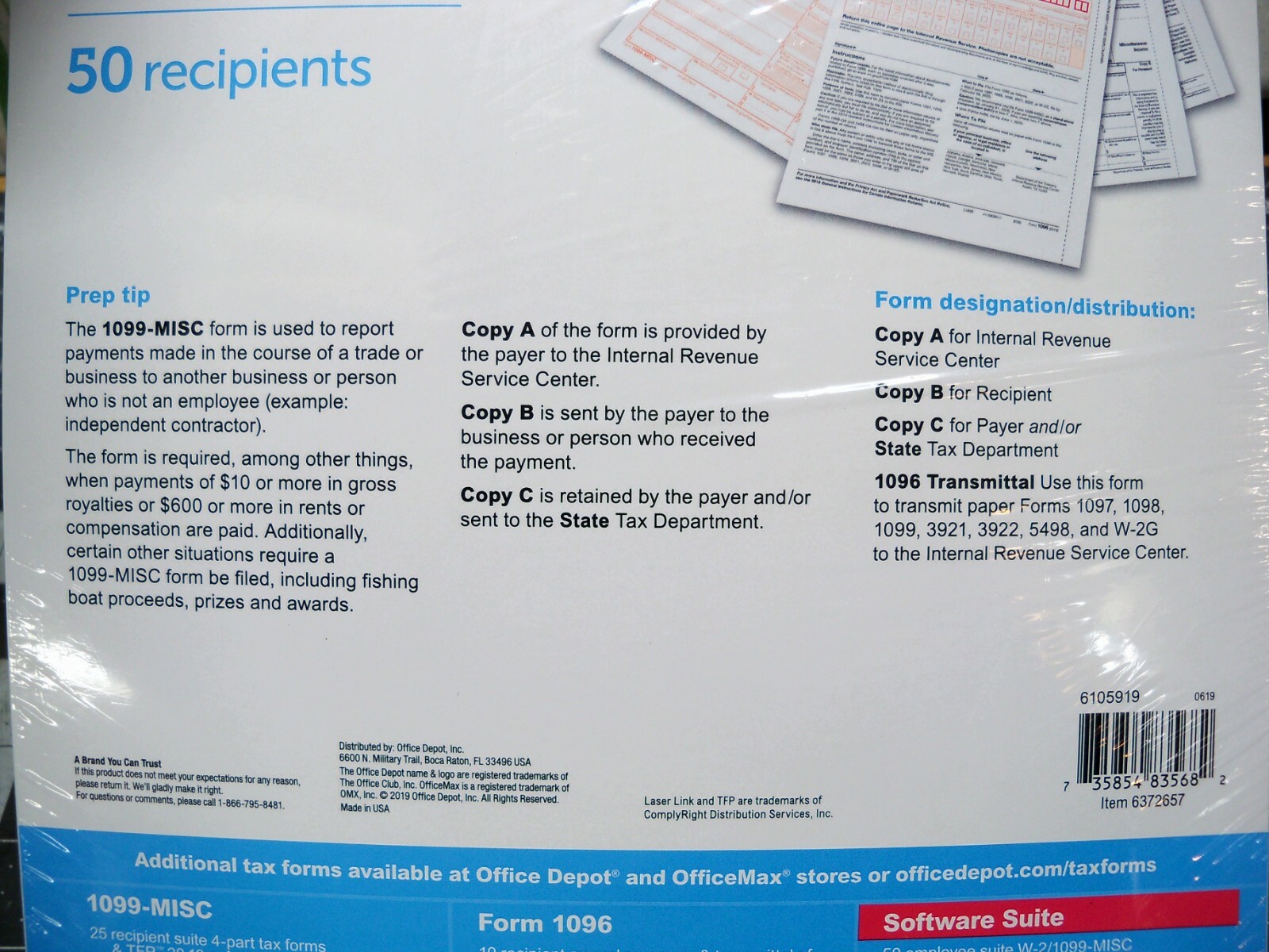 Office Depot 1099-MISC Tax Forms 2019, 2-Up, 4-Part, 8-1/2″ x 11″ 50-PK Staples