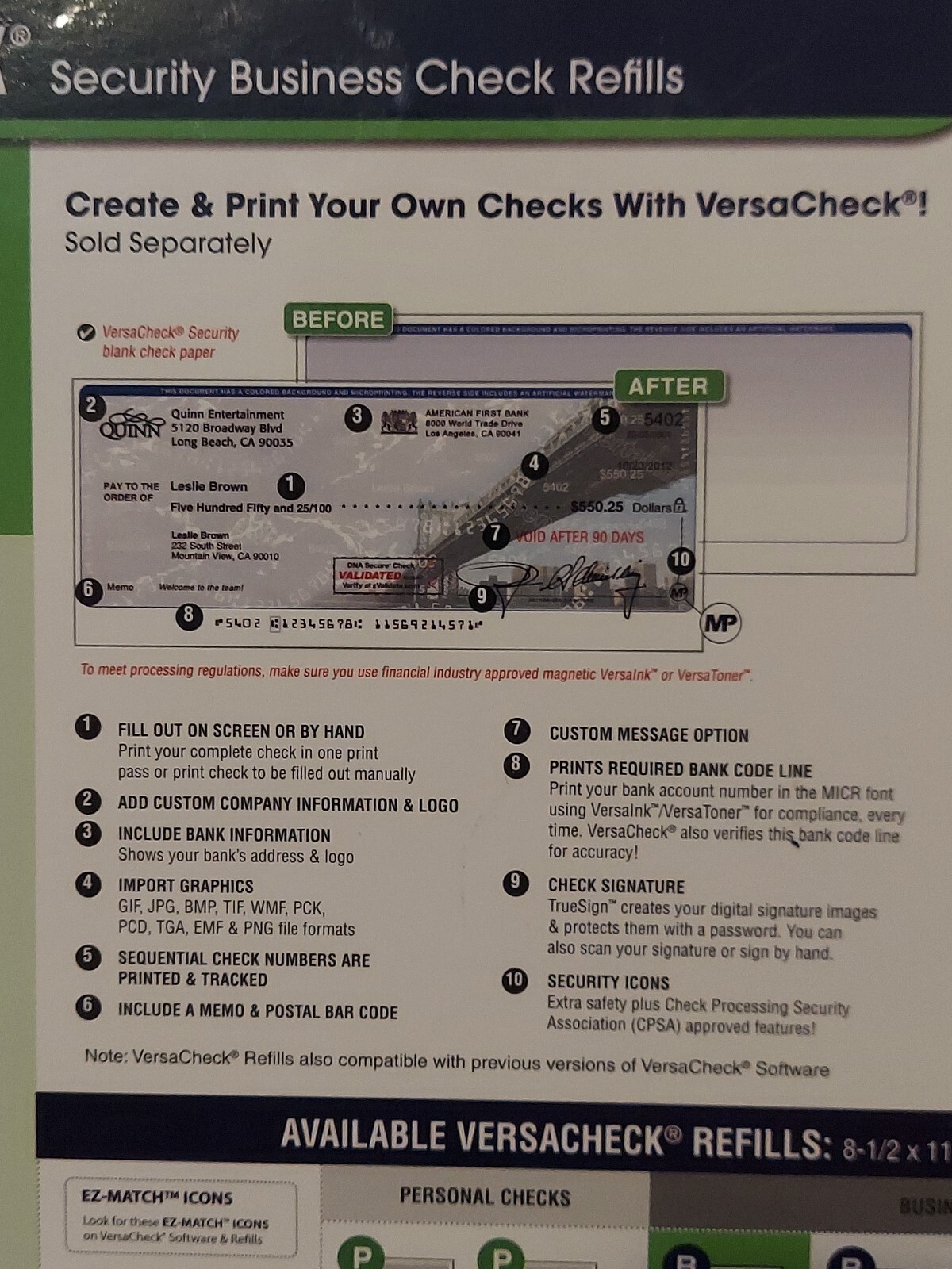 VersaCheck Security Business Check Refills Form #3000 Business Standard -500 PGS