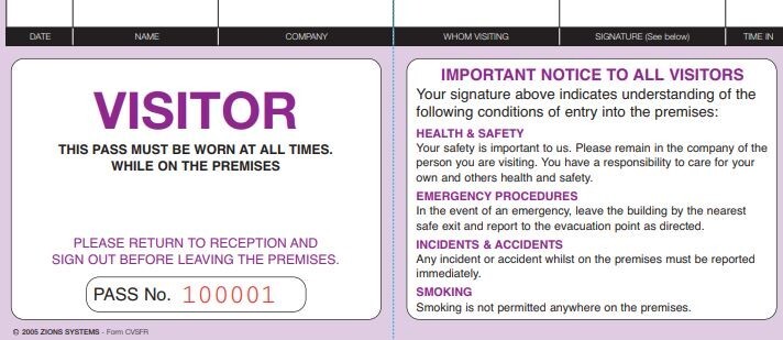 Zions Systems Corporate Security And Fire Visitor Pass 250 Slips Premium Quality