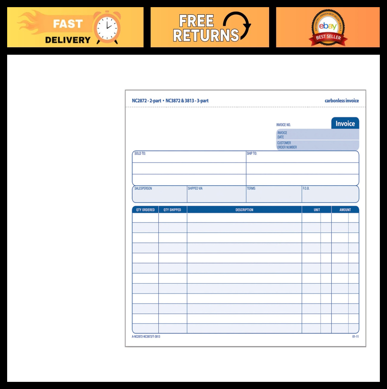 3-Part Carbonless Invoice Sets, 7.44×8.5 Inch, White/Canary/Pink, 50 Pack