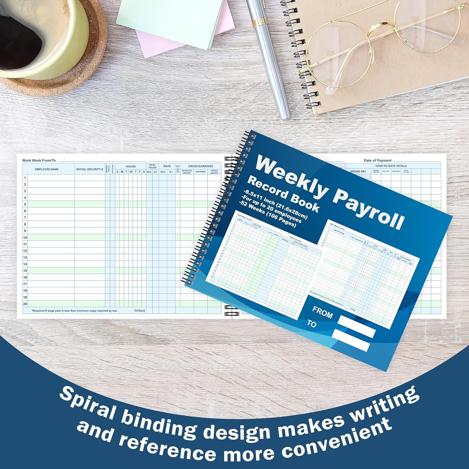 1 Pcs Weekly Payroll Record Book 8.5×11 Inch Spiral Binder 52 Weeks 106 Pages Em