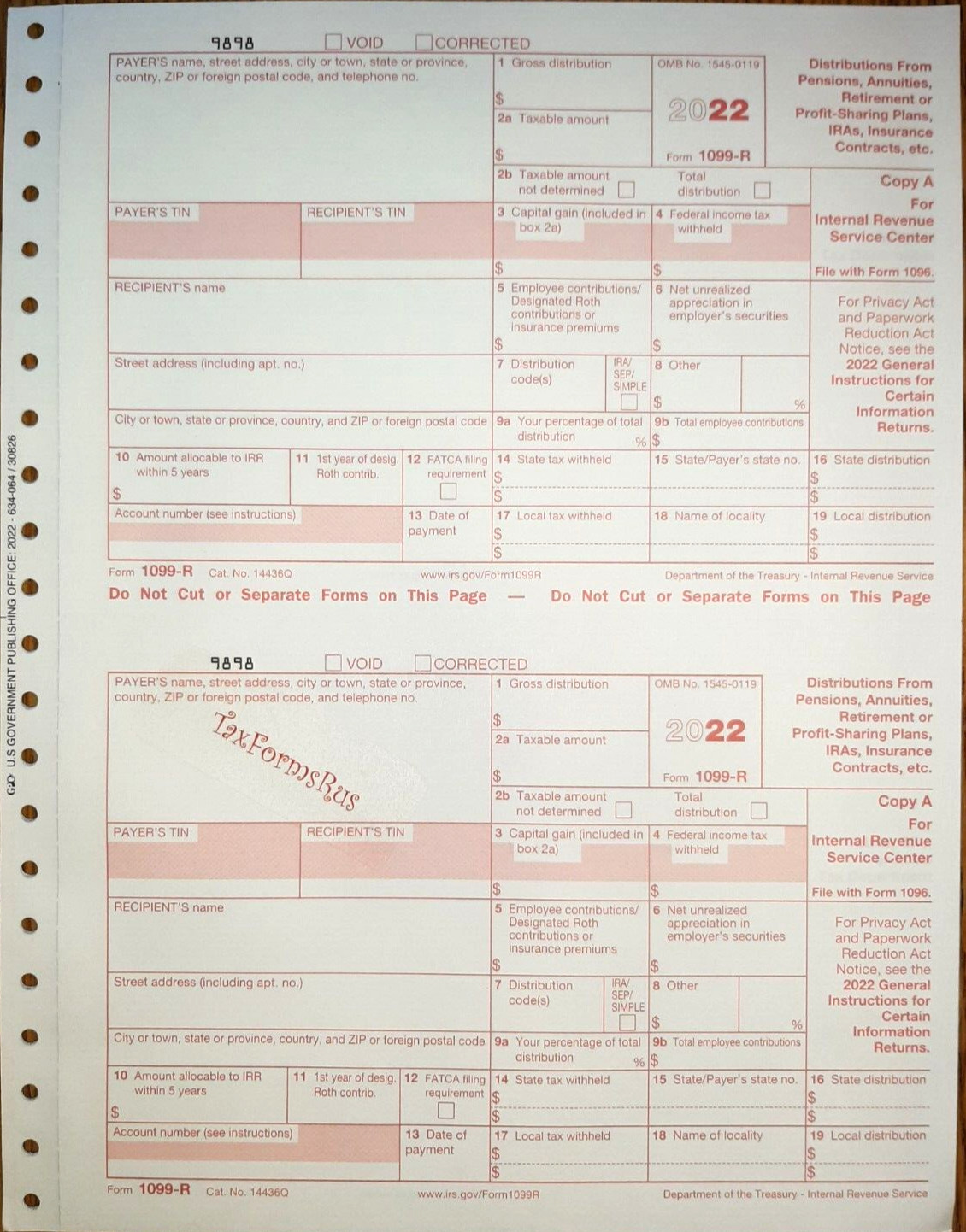 2022 IRS Tax Form 1099-R single sheet set for 2 recipients carbonless 6-part 2up