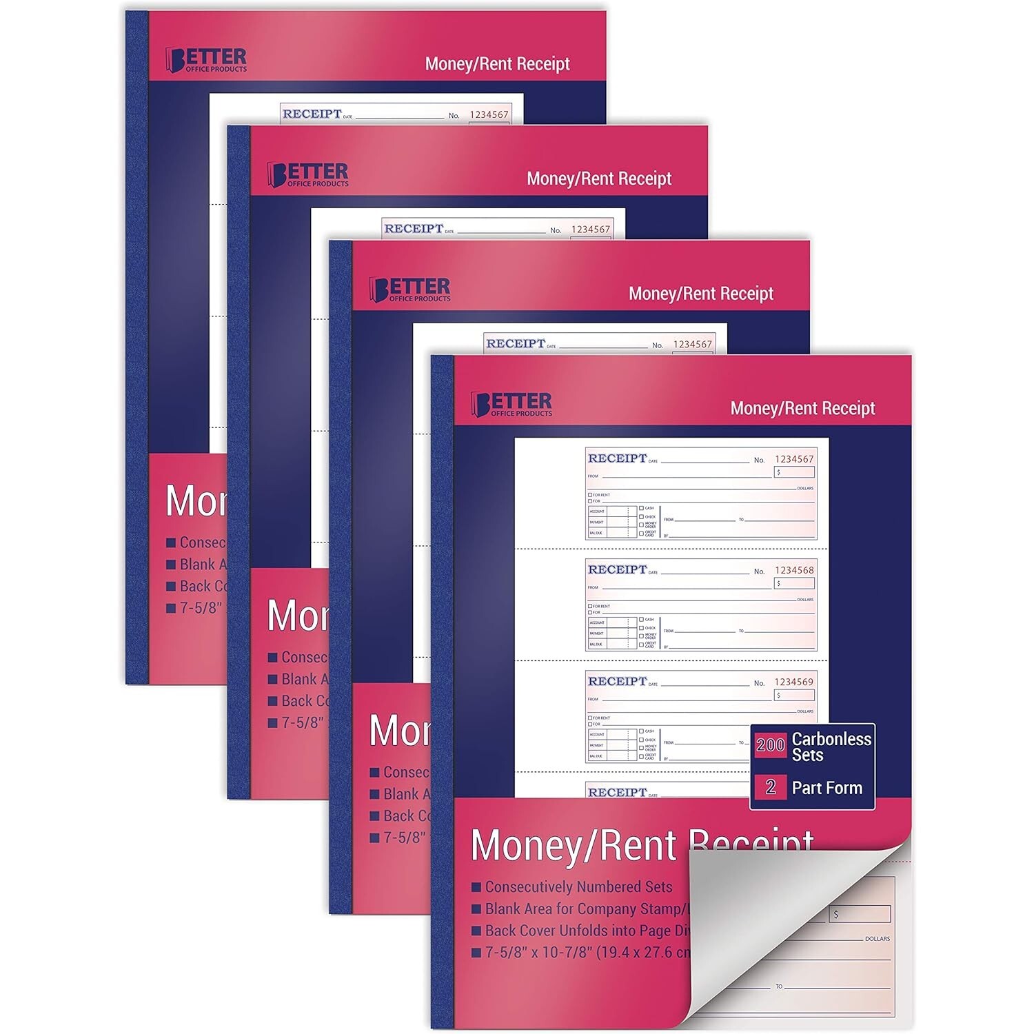 Cash and Rent Receipt Books 4 Pack 2-Part Carbonless 800 Sets Total