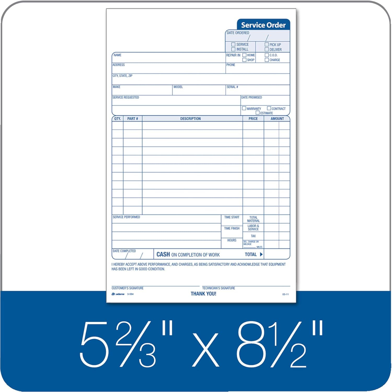 Service Order Form, 3 Part, Carbonless, 5 2/3″X9″ Inches, 250 Sets per Pack (3-5