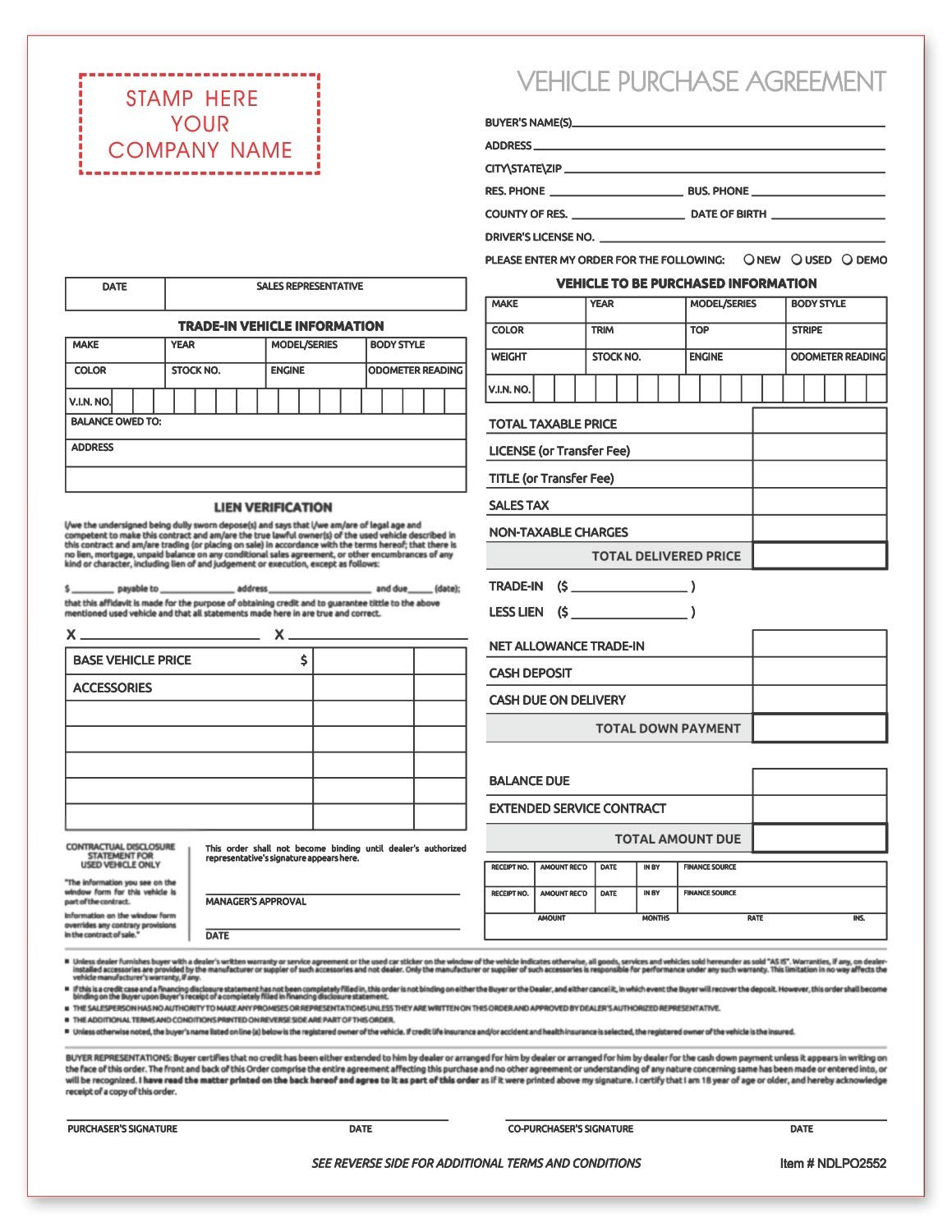 Used Vehicle Bill of Sale Purchase Agreement – 2 Part Form Template