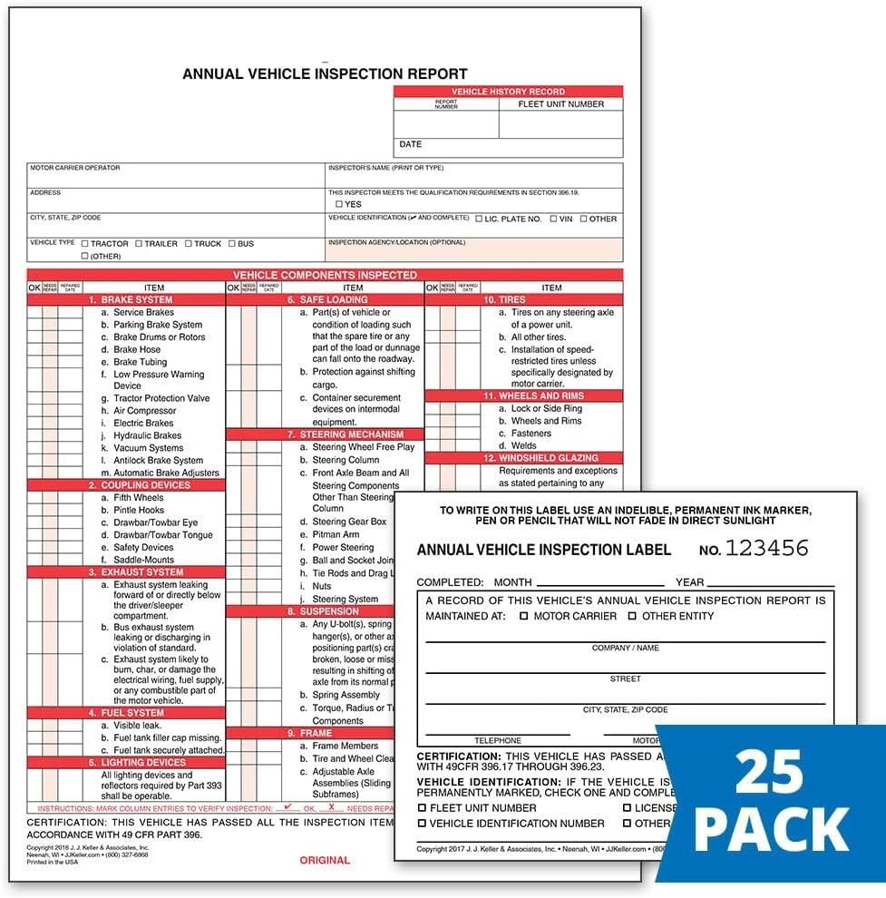 J. J. Keller 25-Pack, Annual Vehicle Inspection Report Form & Adhesive Vinyl …