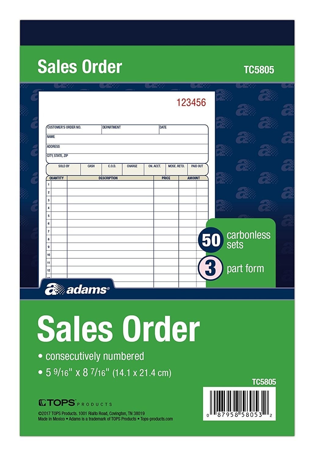 3-Part Carbonless Sales Order Book, Wraparound Cover, 250 Sets, 5-9/16″x8-7/16
