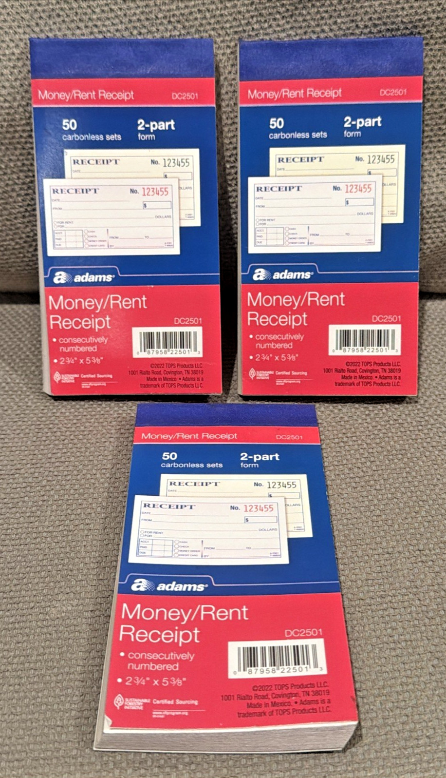 DC2501 Money / Rent Receipt, 2-3/4 x 5-3/8”, Carbonless 50 Set Book NEW