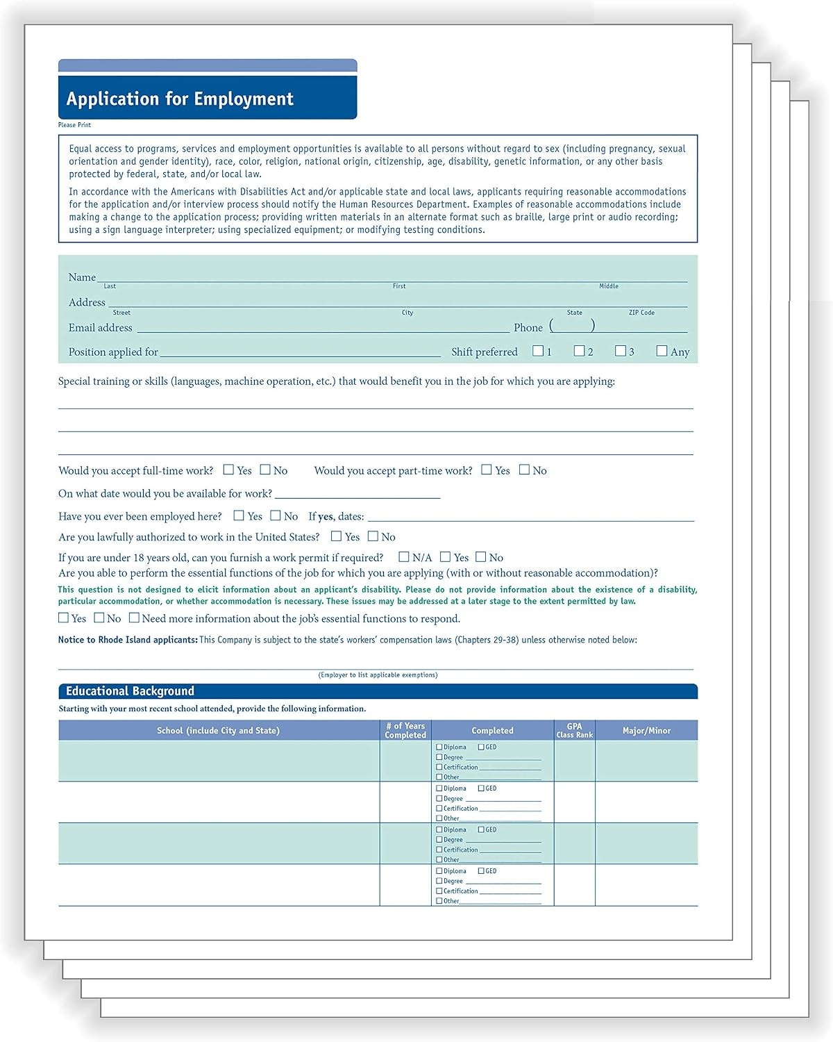 50 State Compliant Job Application Short Form 8 ½”x11 50 Pack