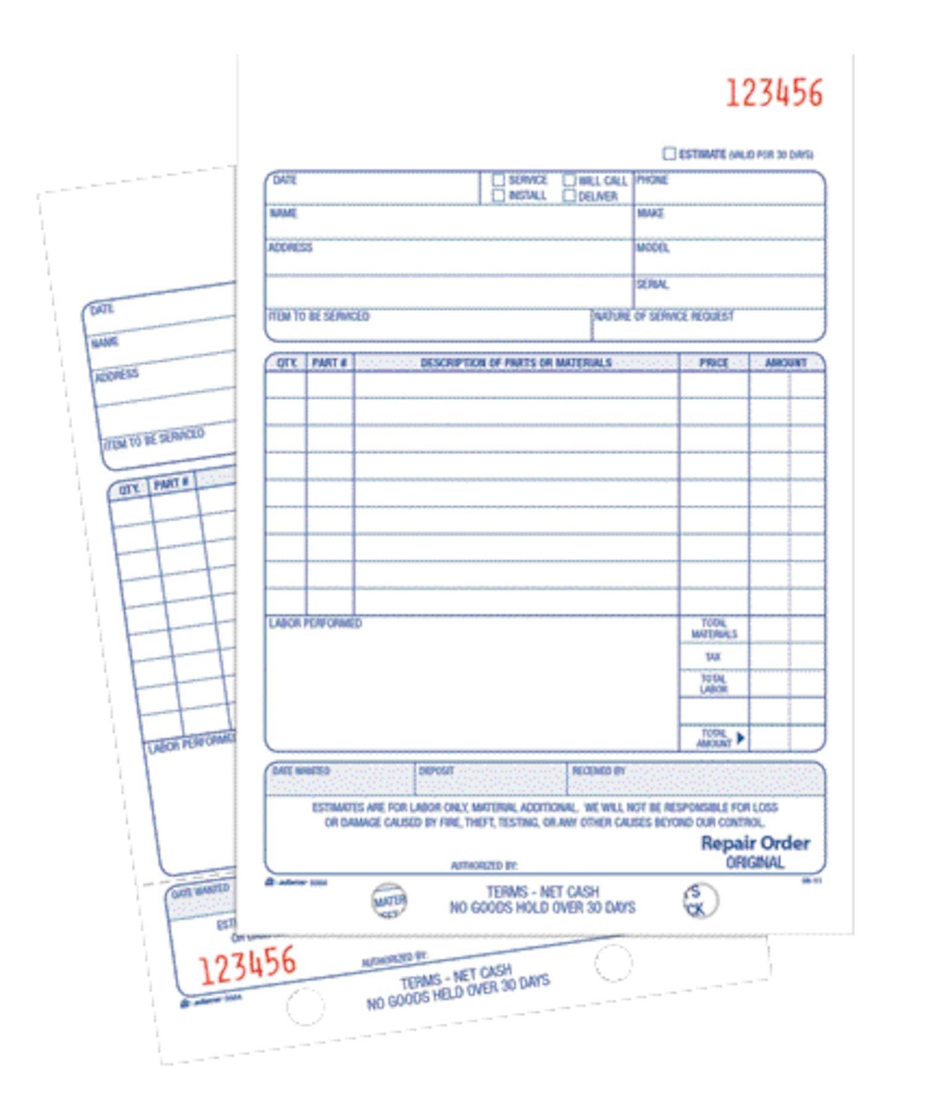 Adams Repair Order Book, Carbonless, 2-Part, White/White, 5-9/16 x 8-7/16 Inc…