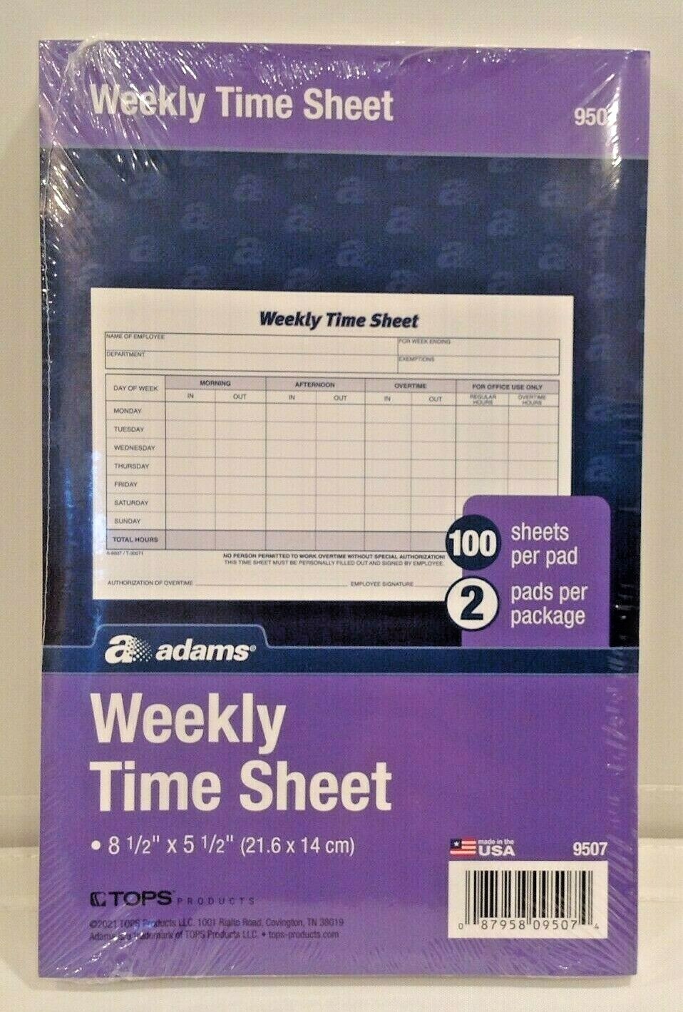 Adams Weekly Time Sheets 9507ABF 5.5″ x 8.5″ Blue/White 2 Pads of 100 Sheets NEW