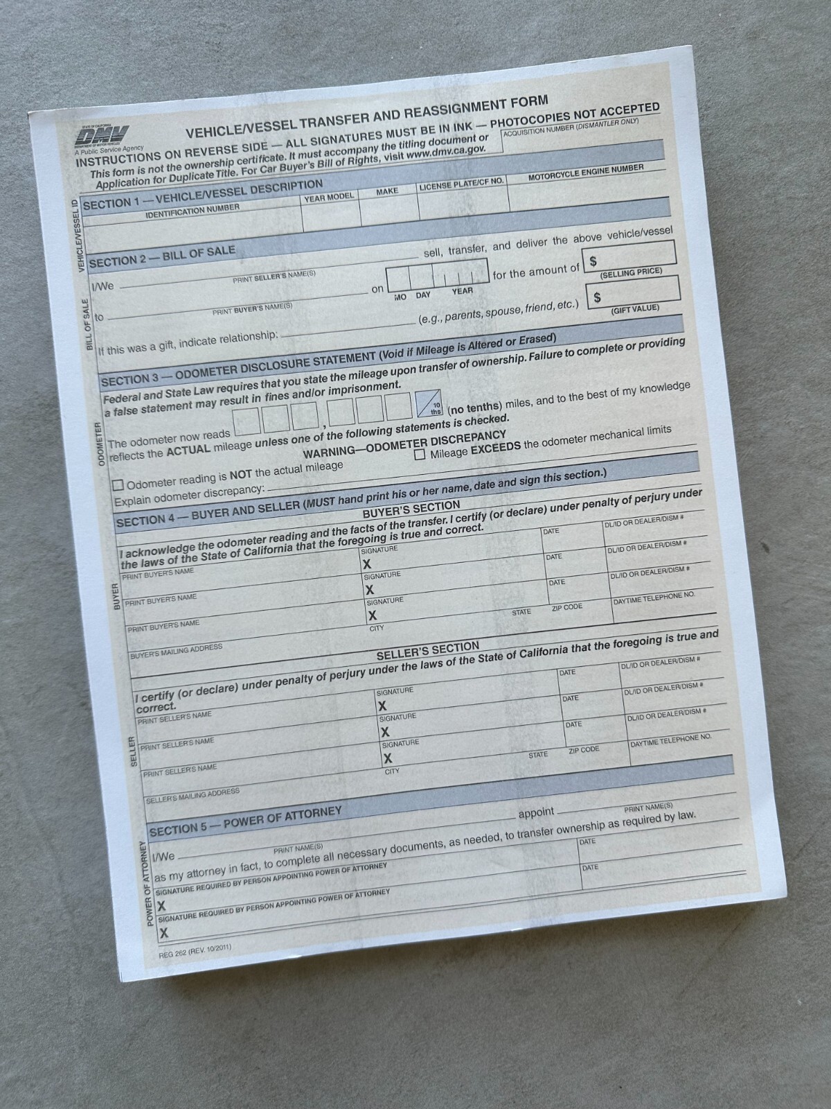 California DMV Form REG 262 – Vehicle Vessel Transfer and Reassignment Form