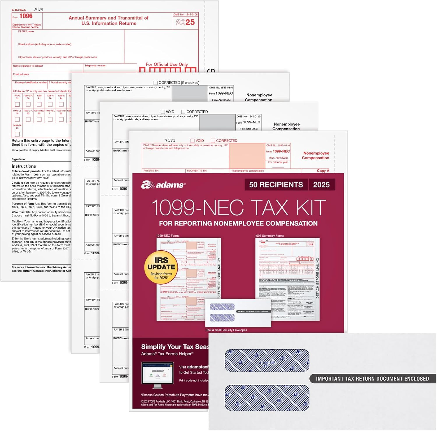 Adams 1099 NEC Forms 2025, 3-Part Kit for 50 Recipients, Includes 50 Envelopes,